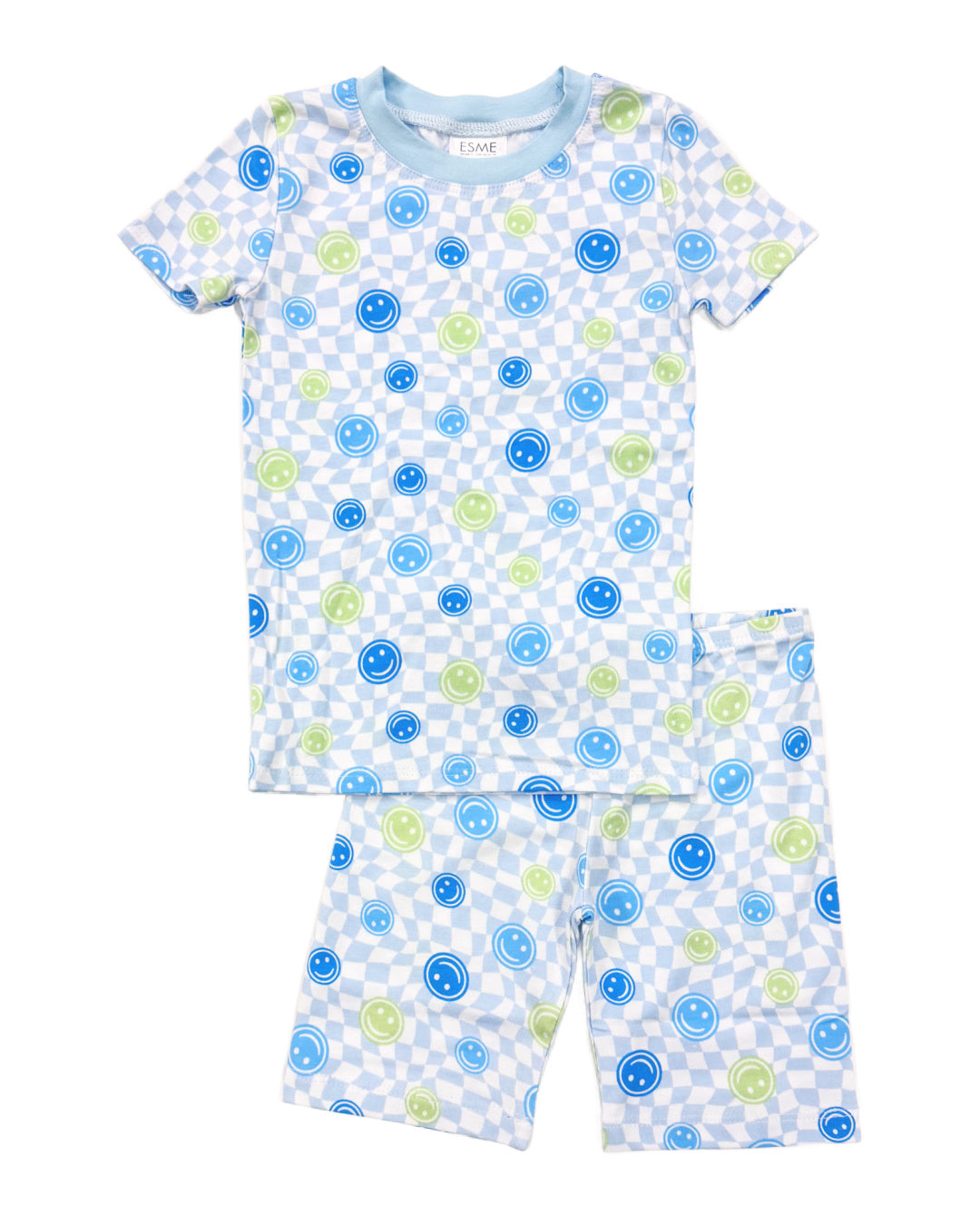 Blue Happy Face Short Sleeve Top & Shorts Set - Casual Summer Outfit for Women - Perfect for Beach, Picnic, and Vacation