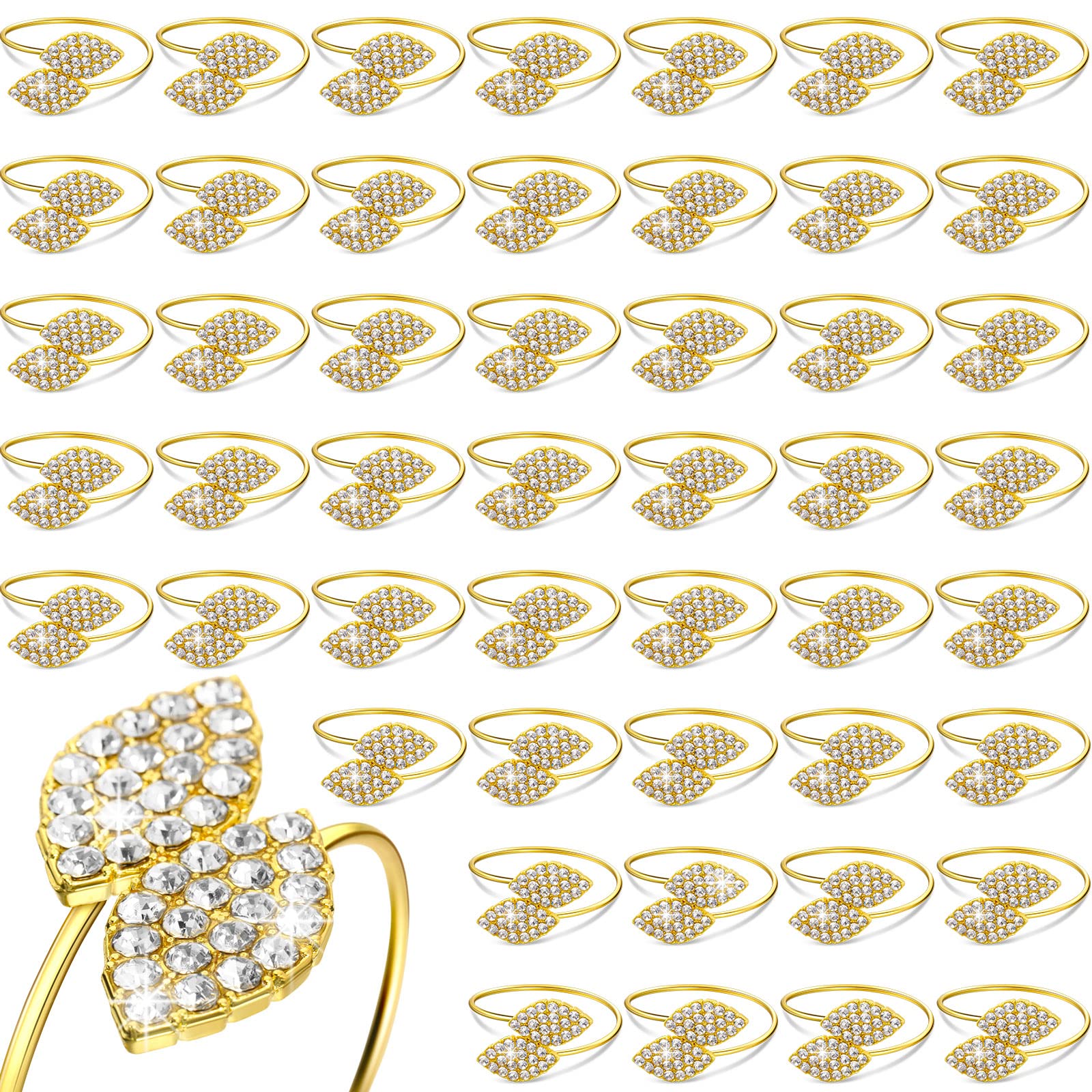 100 Pcs Gold Bling Napkin Rings Set - Elegant Metal Leaves Rhinestone Napkin Holders for Wedding, Party & Valentine's Day Dinner Table Decor - Perfect for Holiday Gatherings, Bridal Showers & Fine Dining Events