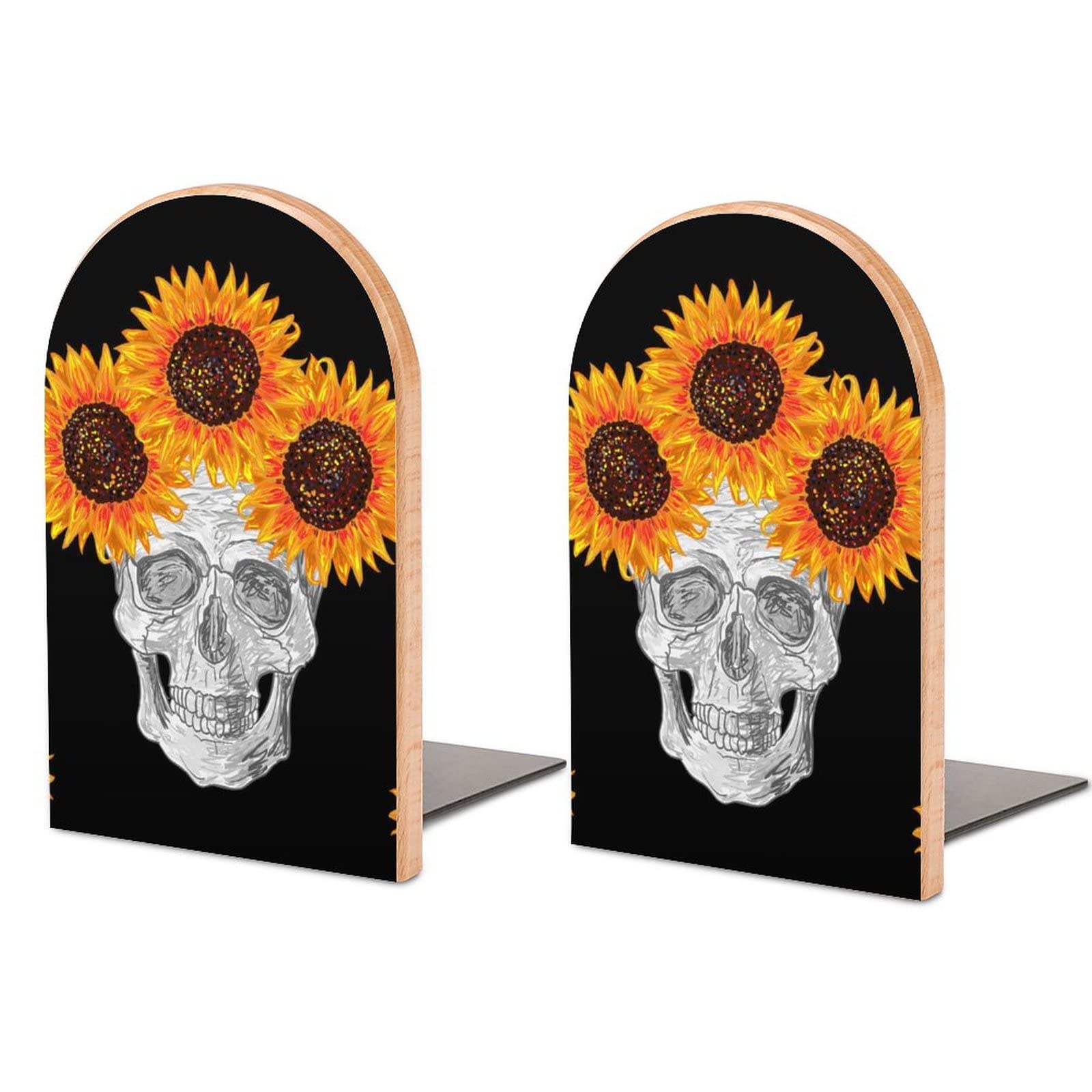 Black Book Shelf Holder with Sugar Skull & Orange Sunflower Design - Decorative Bookends for Home, Office, School, Library - Perfect for Organizing Books, DVDs, Movies, Magazines & Files