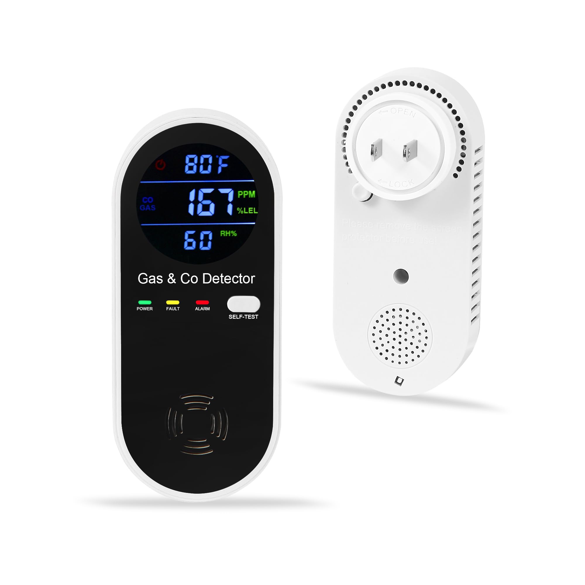 4-in-1 Plug-in Gas & Carbon Monoxide Detector Alarm for Home Safety - Natural Gas, Propane, Methane & CO Detection with Fahrenheit & Humidity Display - Ideal for Homes, Apartments, RVs & Campers
