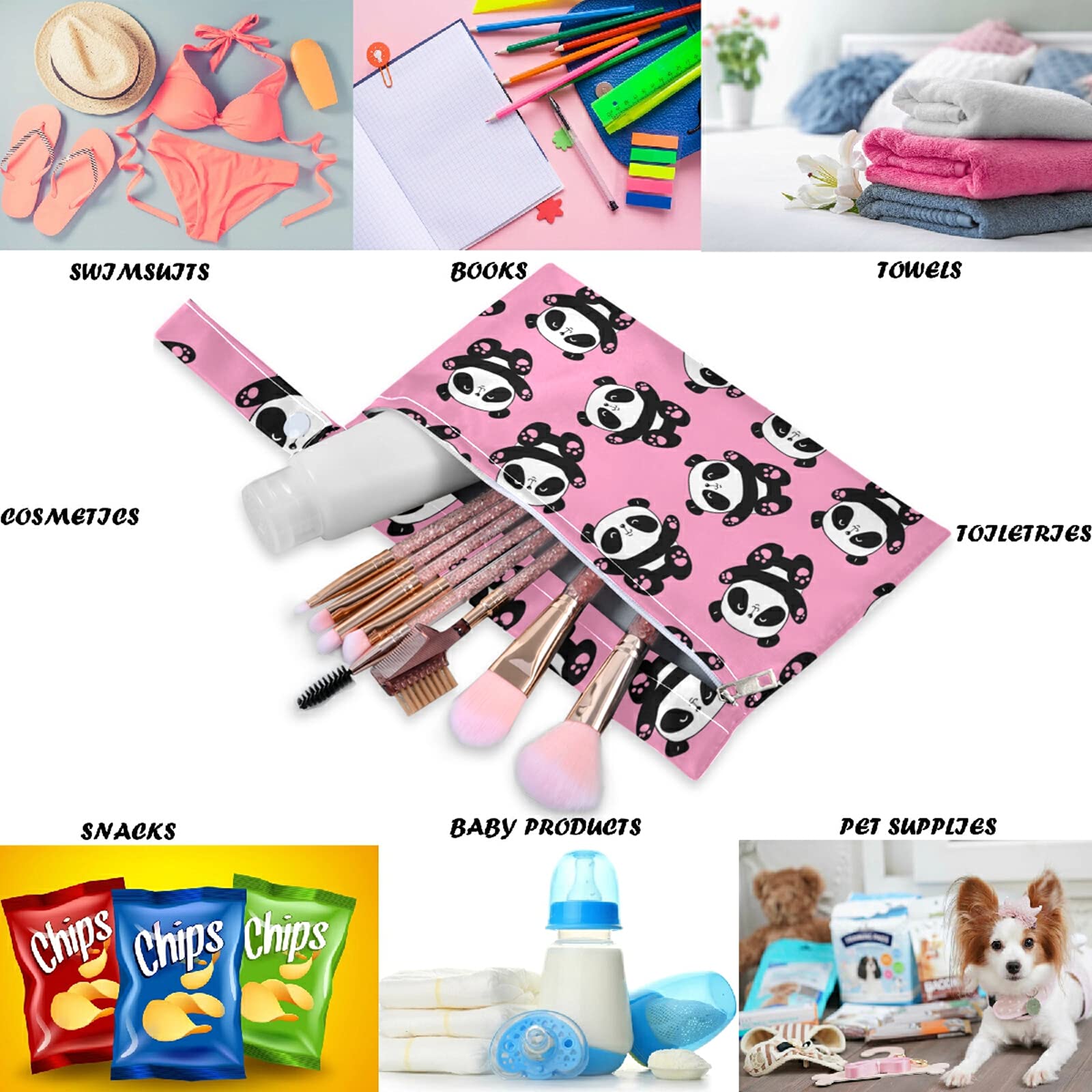 Visesunny 2-Pack Cute Panda Wet Bags with Zipper Pockets - Reusable Washable Waterproof Diaper Bag for Baby Care, Travel, Beach & Gym - Perfect for Strollers, Daycare, Swimsuits & Toiletries Organization