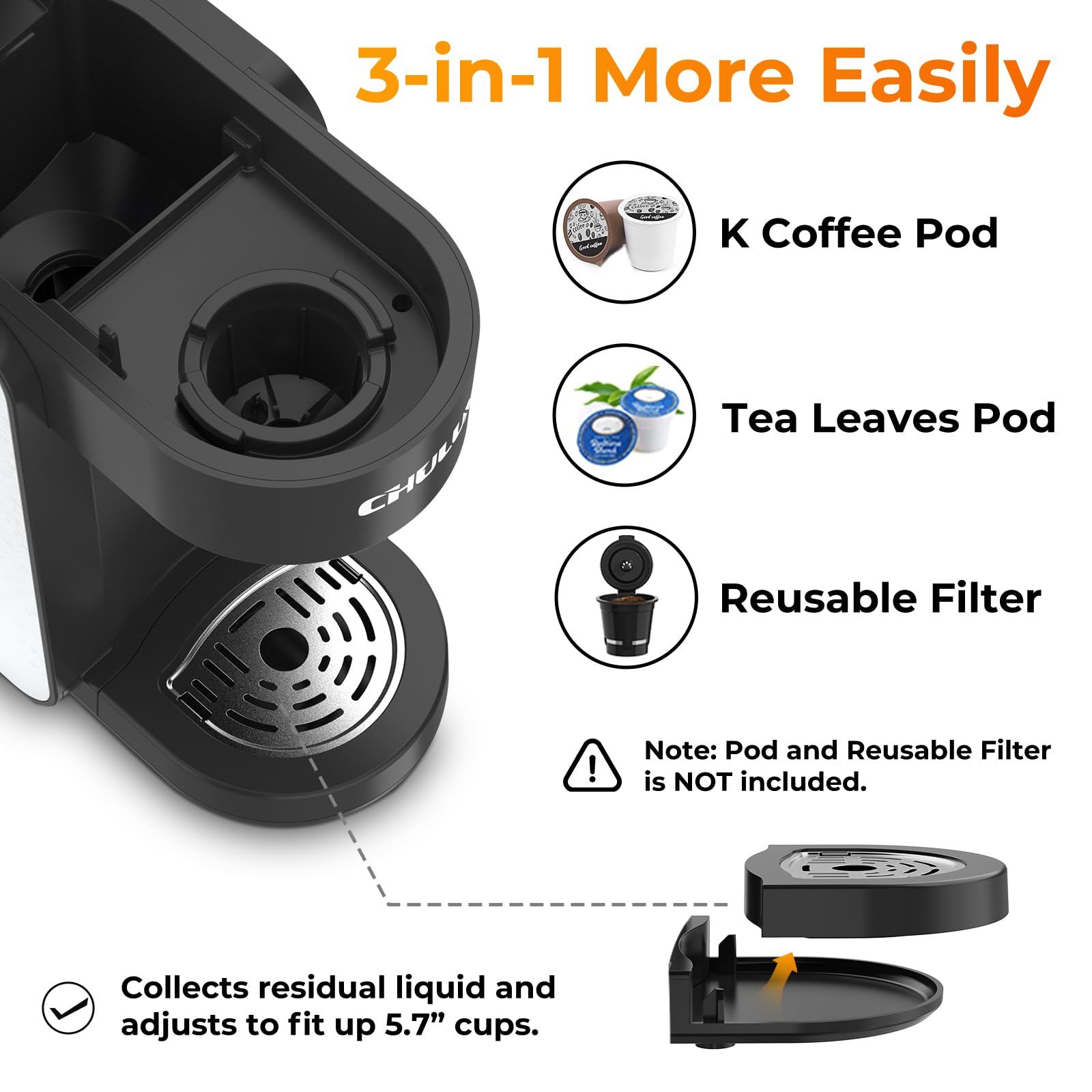 CHULUX Single Serve Coffee Maker for K-Cups & Tea Pods - Compact & Fast Brewing for Home & Office