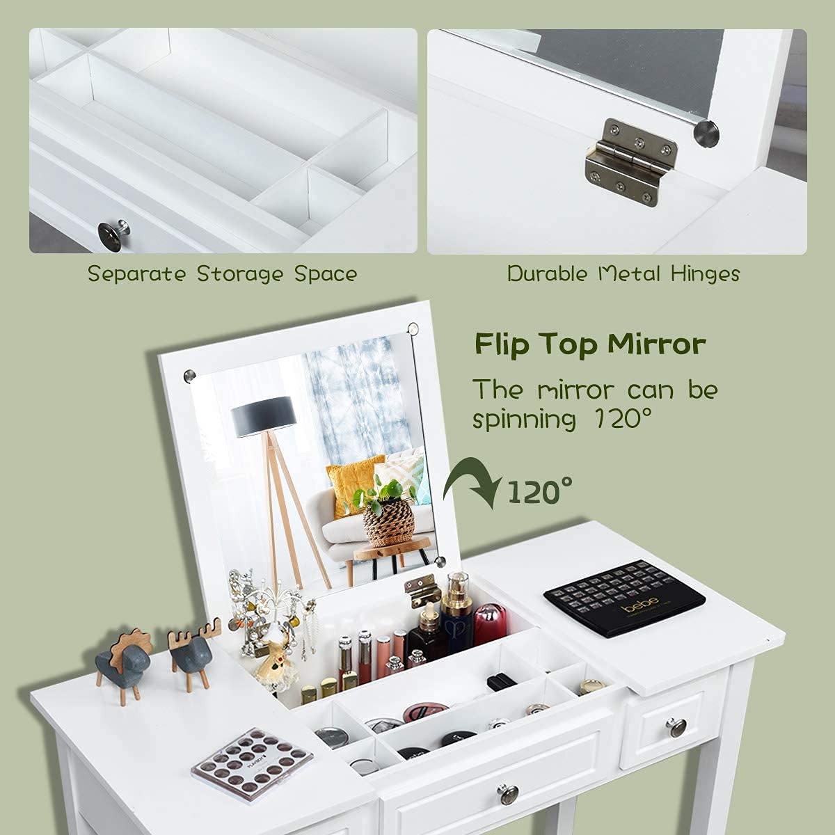 Byroce Vanity Set with Bench - White Dressing Table with Flip Top Mirror, 3 Drawers & 7 Compartments, Makeup Desk & Writing Table with Cushioned Stool for Bedroom, Living Room & Home Office - Perfect for Makeup Application, Skincare Routine, and Elegant Home Decor