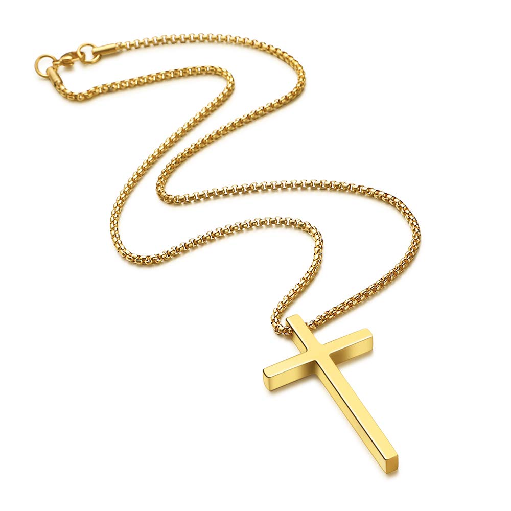 MOOHAM Men's Stainless Steel Cross Pendant Necklace - Silver, Black & Gold Options | 16-30 Inch Adjustable Box Chain | Religious Jewelry Gift for Him | Perfect for Church, Weddings & Everyday Wear