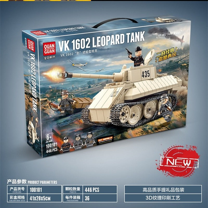 446PCS QUANGUAN 100101 VK 1602 Leopard Tank Model Building Kit - Premium German WWII Military Tank Assembly Set for Collectors & Hobbyists - Perfect for Display, Gifts & Historical Reenactments