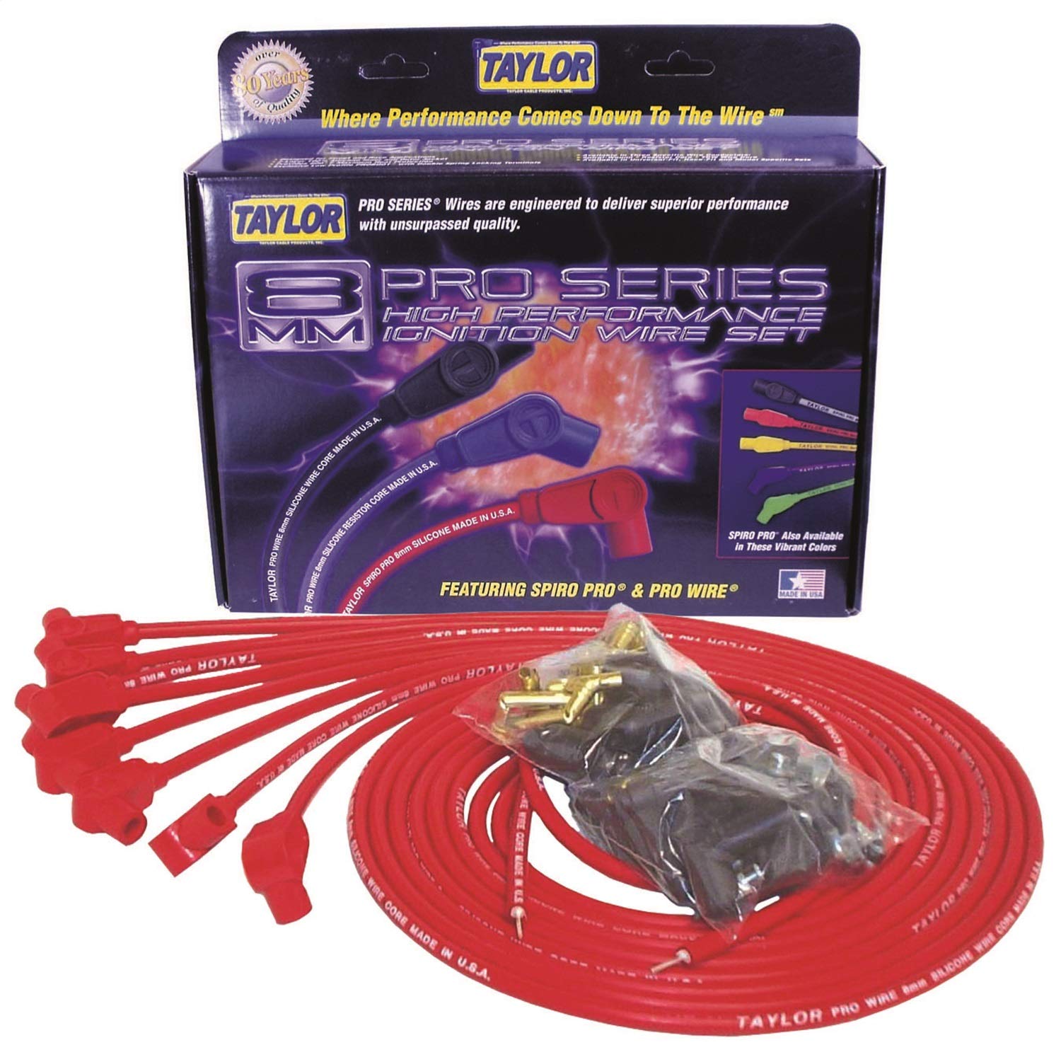 Taylor Cable 70250 8mm Pro Wire Red Spark Plug Wire Set - High Performance Ignition Wires for Cars, Trucks & SUVs - Perfect for Racing, Off-Road & Daily Driving