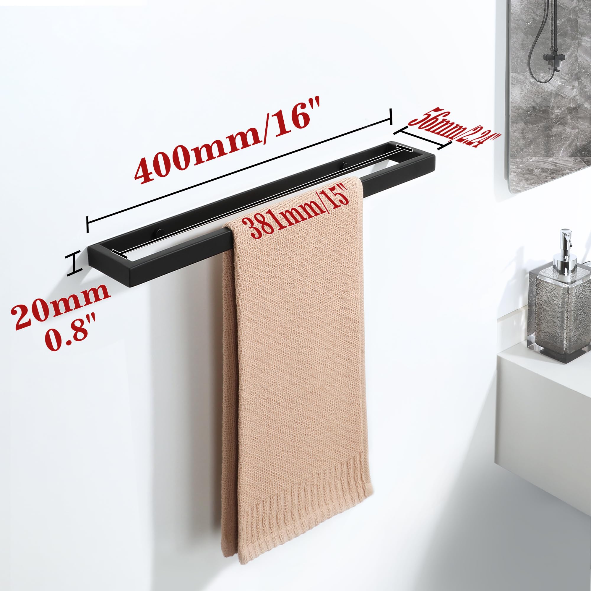 16 Inch Stainless Steel Towel Bar - SUS304 Matte Black Bathroom Towel Holder for Hand & Bath Towels - Wall Mounted Towel Rack for Bathroom, Lavatory & Spa - Durable & Rustproof Design