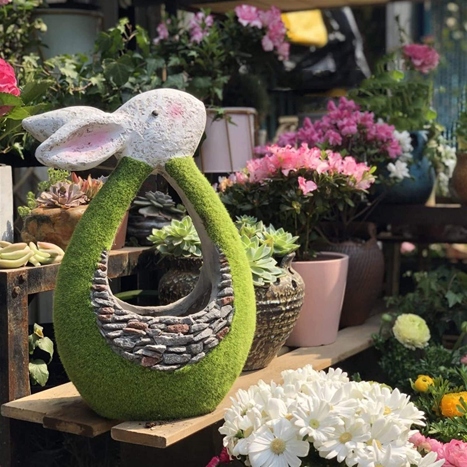 Resin Rabbit Statue - Outdoor Garden Decor, Animal Flower Pot Ornament for Balcony, Patio & Lawn - Handcrafted Potted Crafts for Gardening, Home & Yard Decoration (Perfect for Spring Displays & Fairy Gardens)