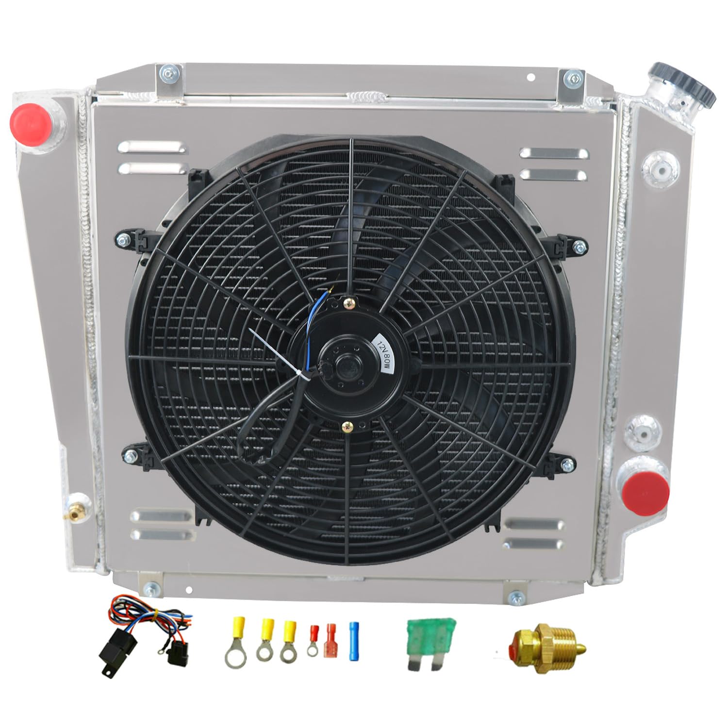 High-Performance 3-Row Aluminum Radiator for Dodge D100 D150 D200 W100 W200 V8 5.2L 5.9L (1971-1979) - Includes Cooling Fan Shroud & Thermostat Relay Kit - Perfect for Engine Cooling & Off-Road Adventures
