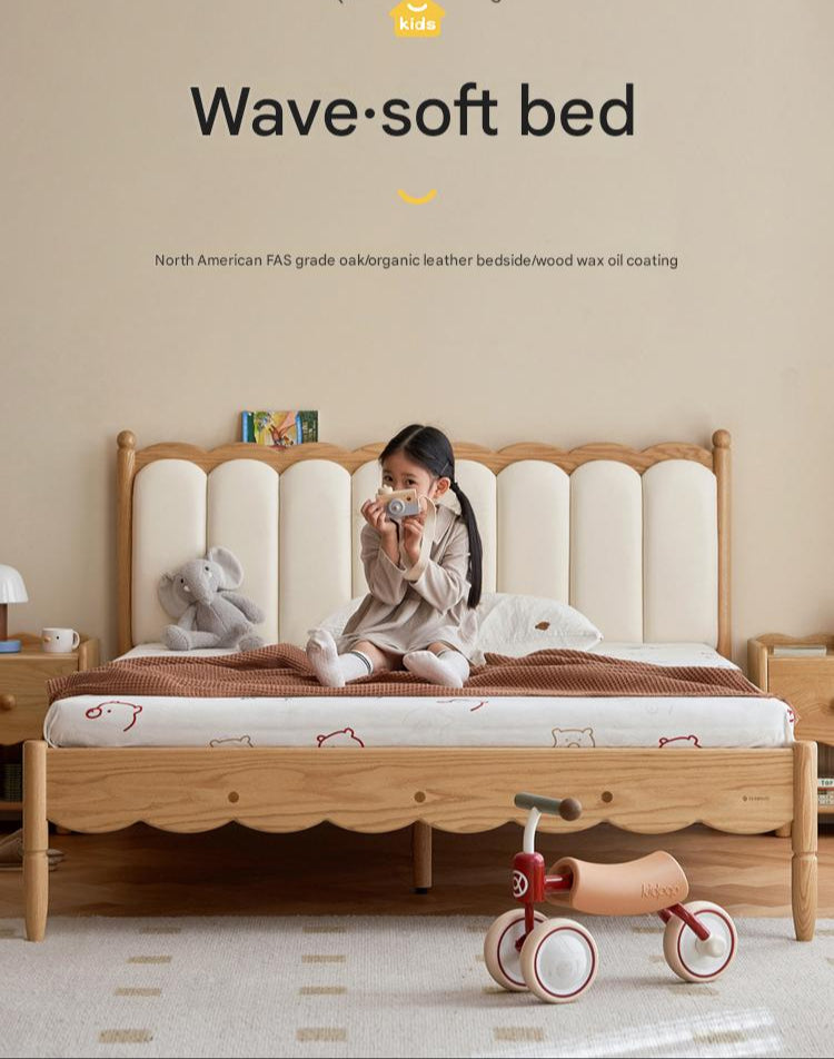 Premium Oak Solid Wood Kids Upholstered Bed with Soft Headboard - Milky White | Safe & Comfortable Toddler Bedroom Furniture for Boys & Girls | Perfect for Bedrooms, Daycare & Guest Rooms