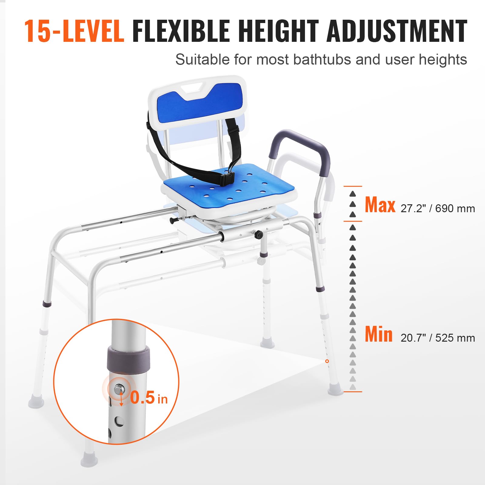 VEVOR 360° Swivel Sliding Tub Transfer Bench - Adjustable Height Bathtub Shower Chair with Armrests & Safety Belt - Non-Slip Rotating Seat for Elderly & Disabled - 400 lbs Weight Capacity - Ideal for Safe Bathing & Mobility Assistance