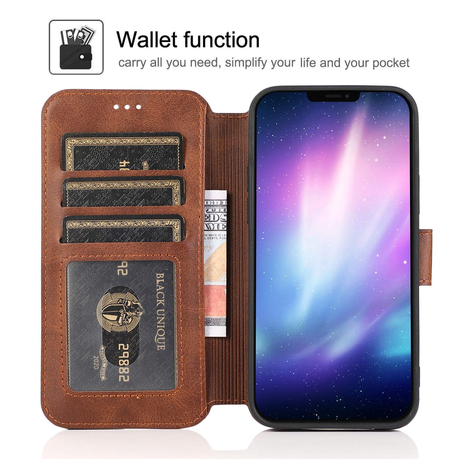 Premium PU Leather iPhone 12 Pro Max Wallet Case with Card Slots & Kickstand - Magnetic Closure Shockproof Flip Cover for 6.7