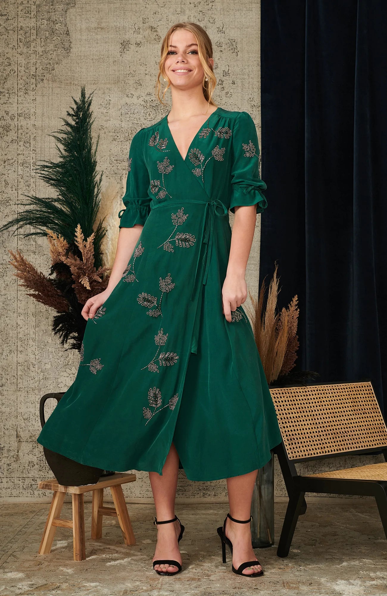 Harley Satin Wrap Dress for Women - Elegant Green Midi Dress with V-Neck & Belt - Perfect for Date Night, Cocktail Party & Office Wear
