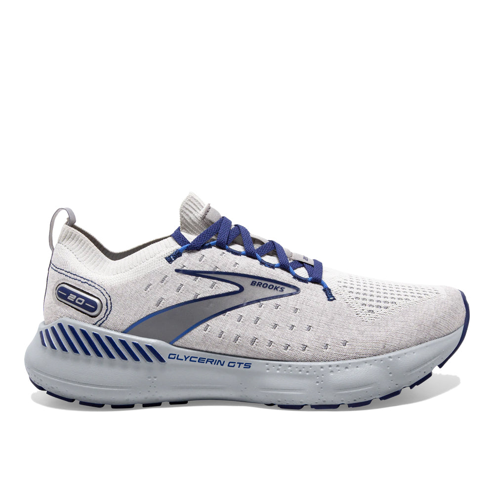 Brooks Glycerin StealthFit GTS 20 Running Shoes for Men - Oyster/Alloy/Blue Depths - Size 12.5 D Medium - Cushioned Support for Long Distance Running & Marathon Training