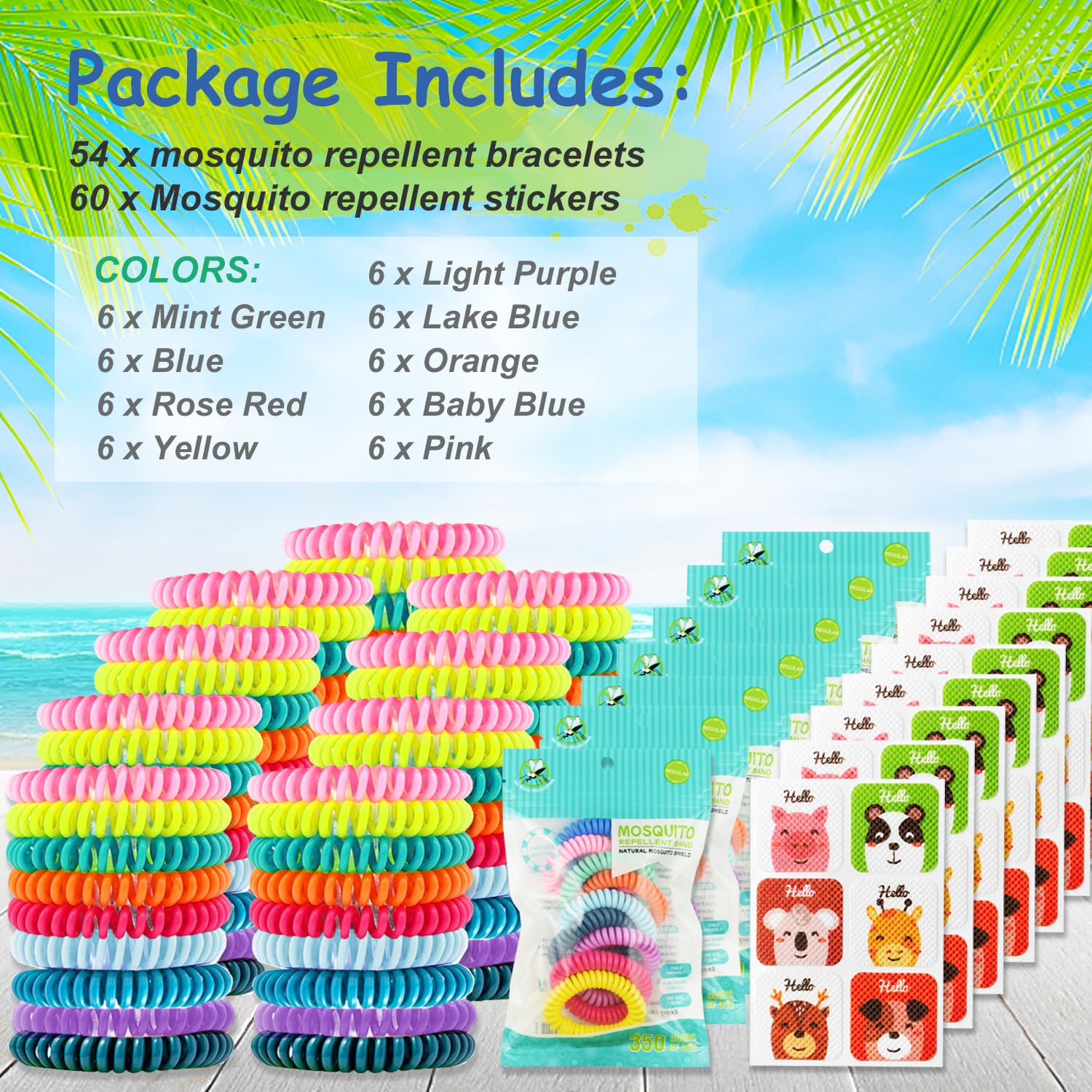 54 Pack DEET-Free Mosquito Repellent Bracelets & 60 Smile Patches - Natural Insect Repellent Wristbands for Kids & Adults - Outdoor Camping, Hiking, Fishing, Travel, and Backyard BBQs