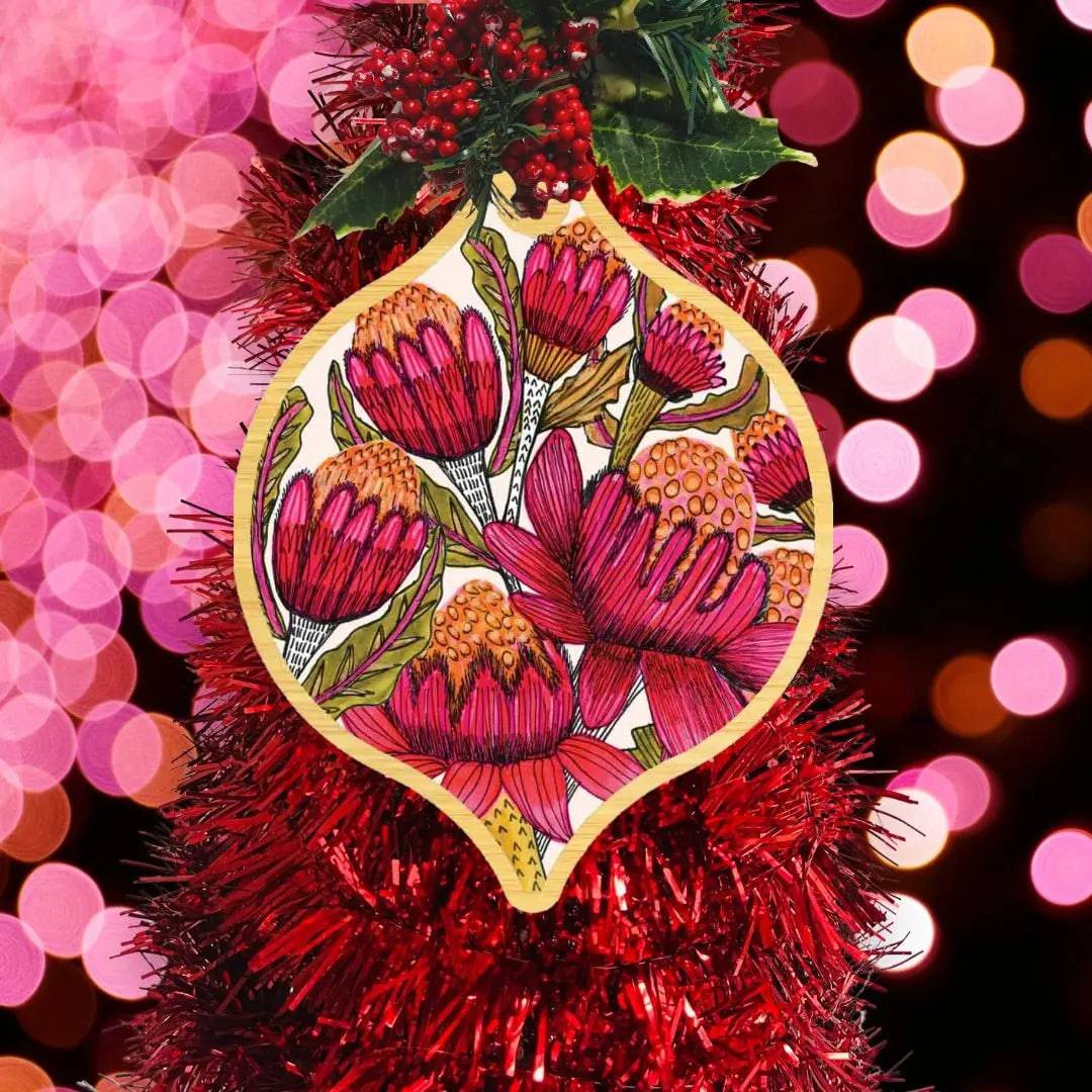 Australian Waratah Flowers Wooden Christmas Ornament - Handcrafted Holiday Decor for Tree, Gift, and Home Decoration