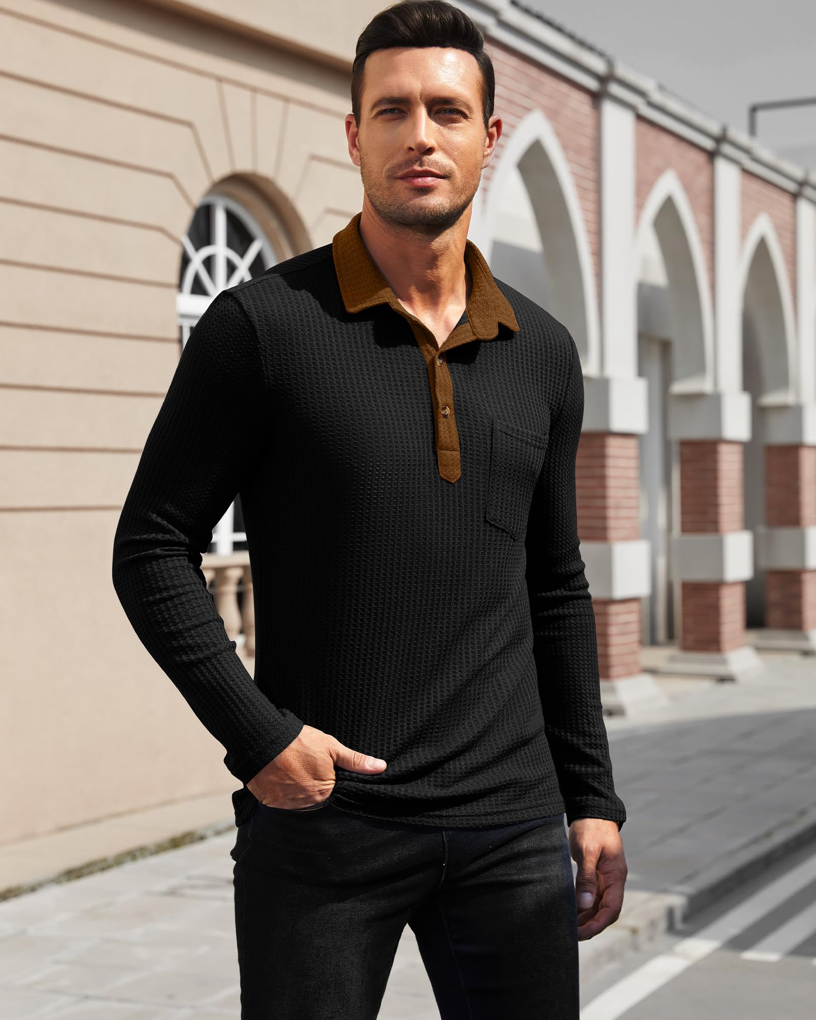 Men's Slim Fit Long Sleeve Polo Shirt - Lightweight Waffle Knit Texture, Casual Button Down Shirt with Chest Pocket | Perfect for Office, Golf, and Everyday Wear