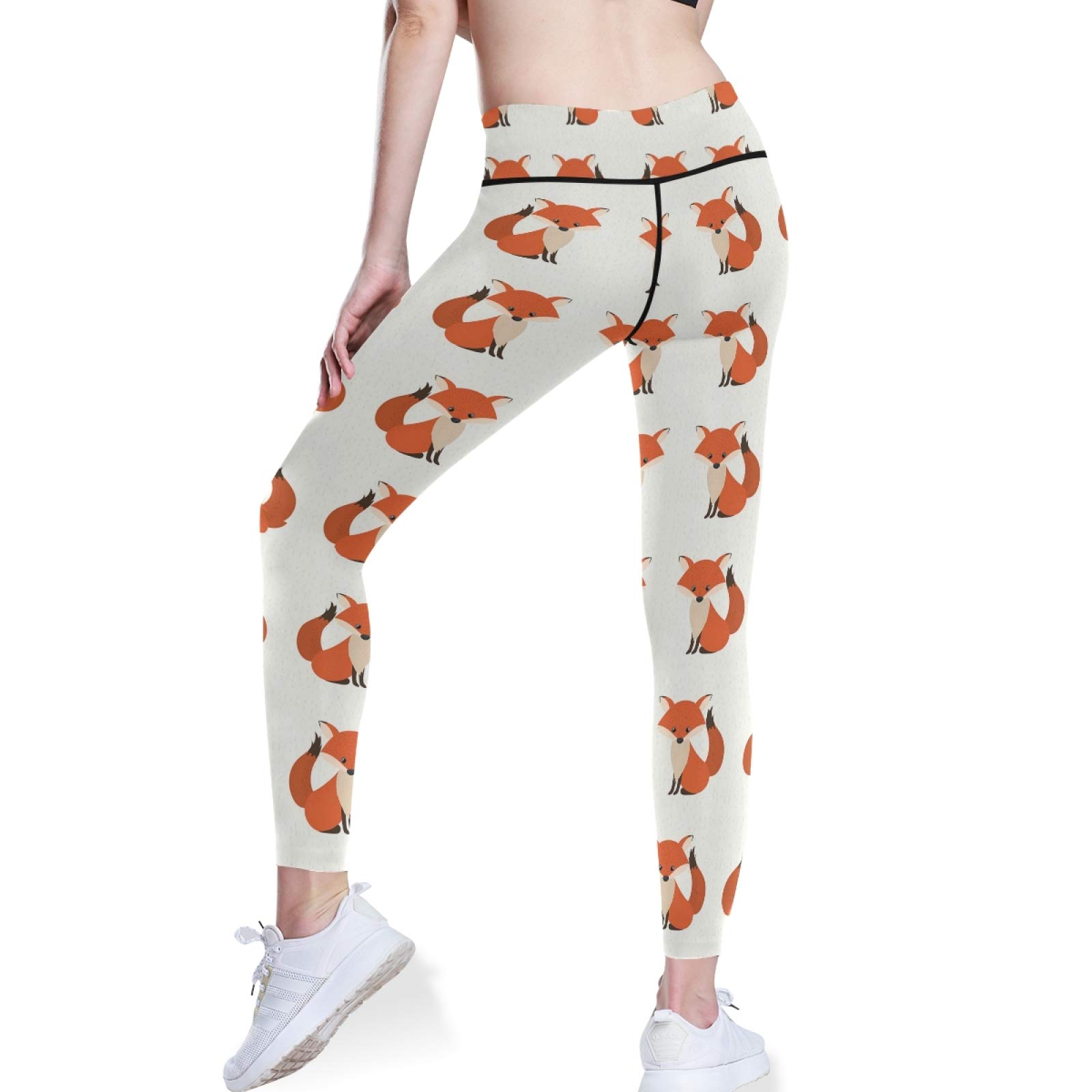 Orange Fox Print High Waist Yoga Pants for Women - Tummy Control Workout Leggings with Hidden Pockets - Stretchy Athletic Running Tights (XS) - Perfect for Yoga, Gym, Running & Casual Wear