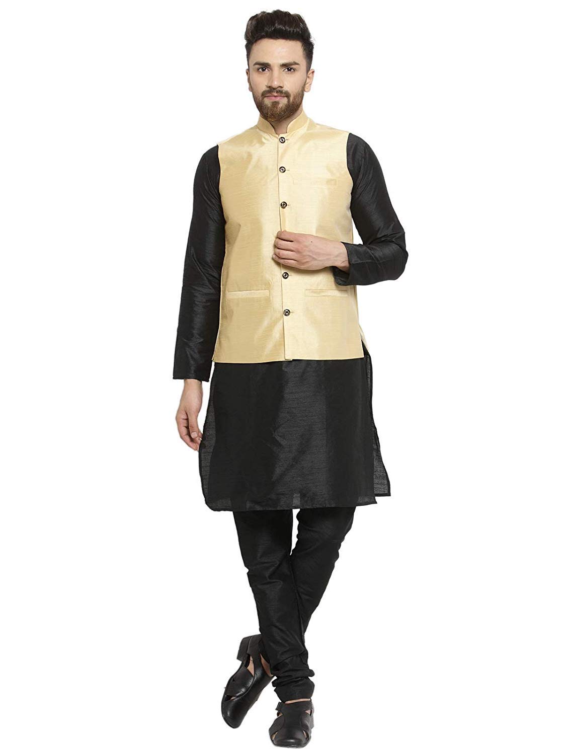 Premium Men's Silk Blend Kurta Pyjama & Nehru Jacket Set - Size 38 in Elegant Black & Gold | Perfect for Indian Weddings, Festivals & Formal Occasions