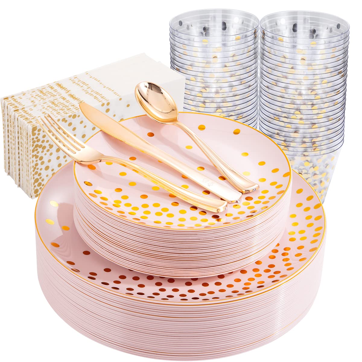 210-Piece Pink and Gold Plastic Party Tableware Set - 30 Dinner Plates, 30 Dessert Plates, 30 Forks, 30 Knives, 30 Spoons, 30 Cups & 30 Napkins - Disposable Plates for Graduation, Birthday & Wedding Parties - Elegant Table Setting for 30 Guests