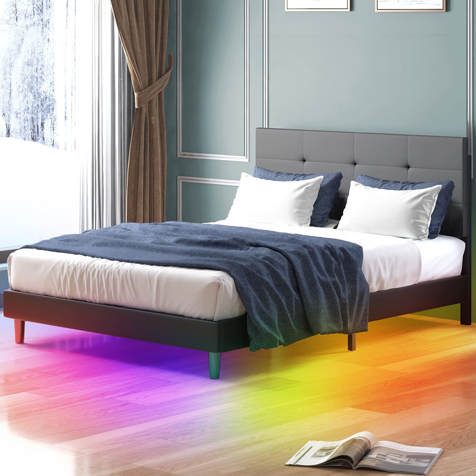 Full Size Bed Frame with Smart RGB LED Lights & Button Tufted Headboard - PVC Upholstered Platform Bed, No Box Spring Needed, Grey | Modern LED Bed for Bedroom, Gaming Room & Teen Room Decor