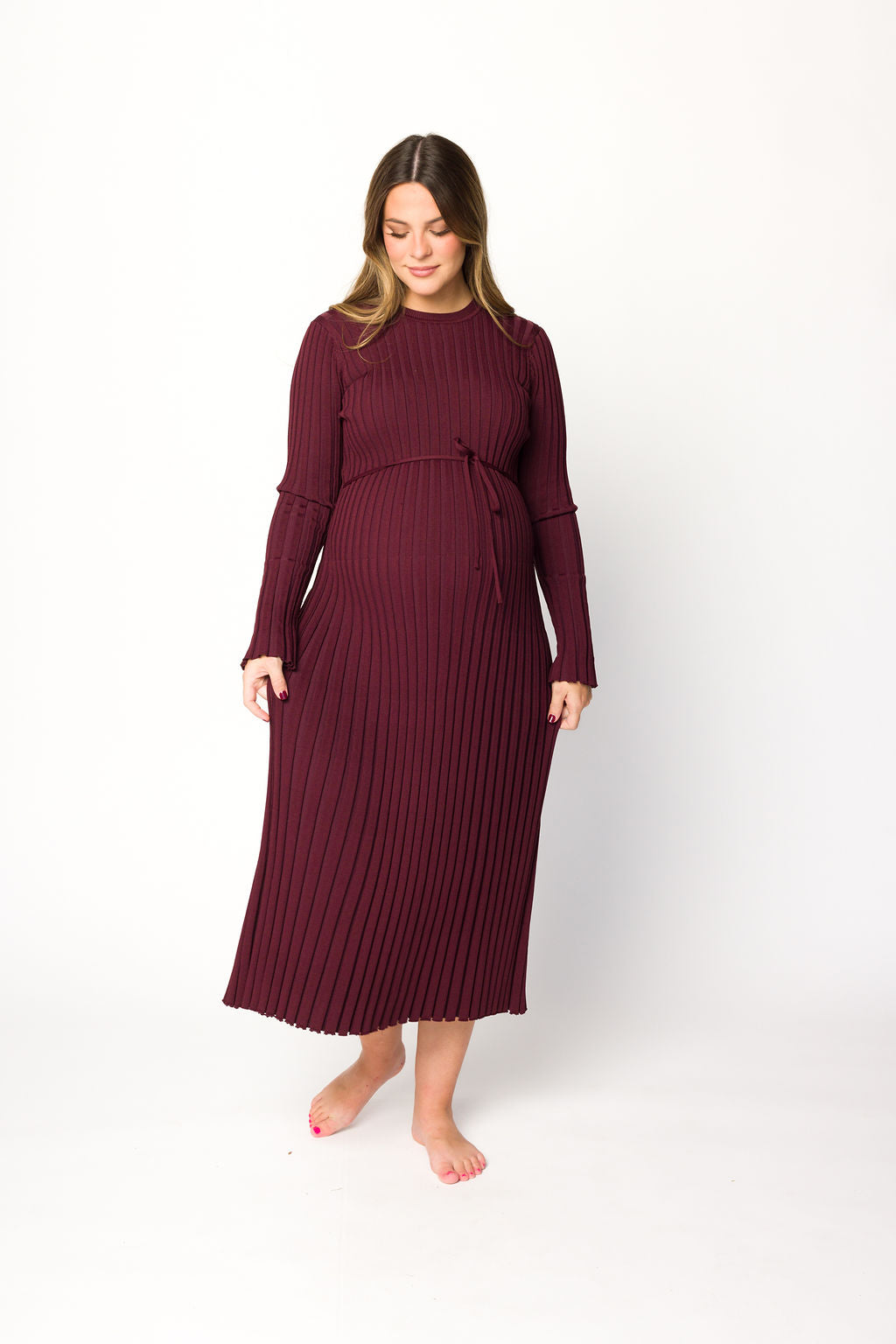 Colette Premium Long Sleeved Ribbed Knit Maxi Dress in Burgundy - Bump Friendly Maternity Dress for Pregnancy, Nursing & Postpartum - Perfect for Casual Wear, Office & Special Occasions