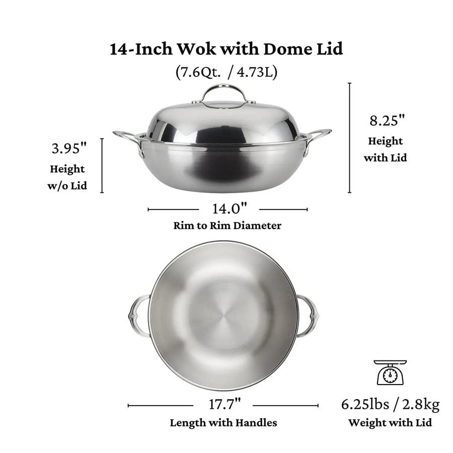 Hestan Professional Clad Stainless Steel Wok 14 Inch - High Performance Stir Fry Pan for Home & Restaurant Cooking - Perfect for Asian Cuisine, Sautéing & Deep Frying