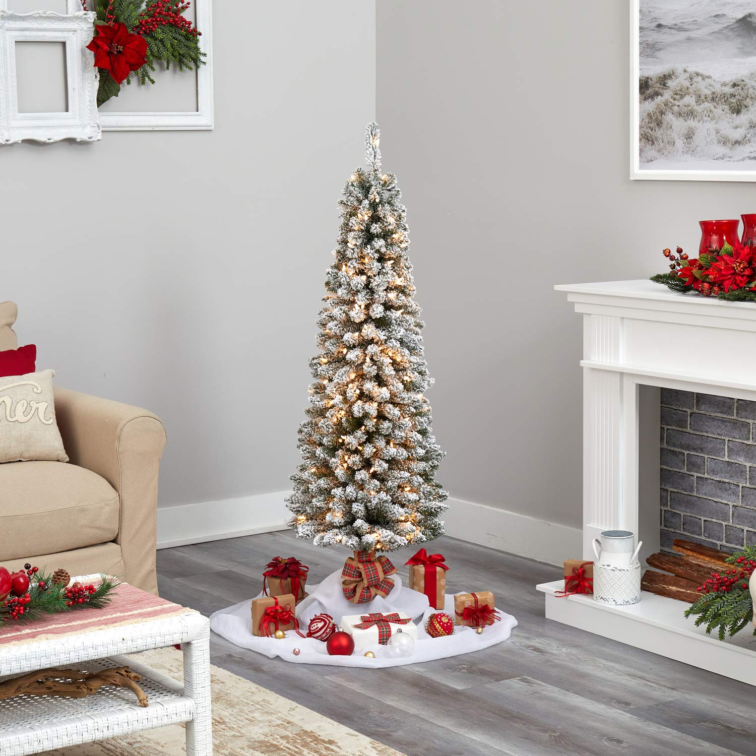 Nearly Natural 5ft Flocked Pencil Artificial Christmas Tree with 200 Clear Lights & 318 Bendable Branches | Slim Holiday Decor for Small Spaces, Apartments & Office Christmas Decorations