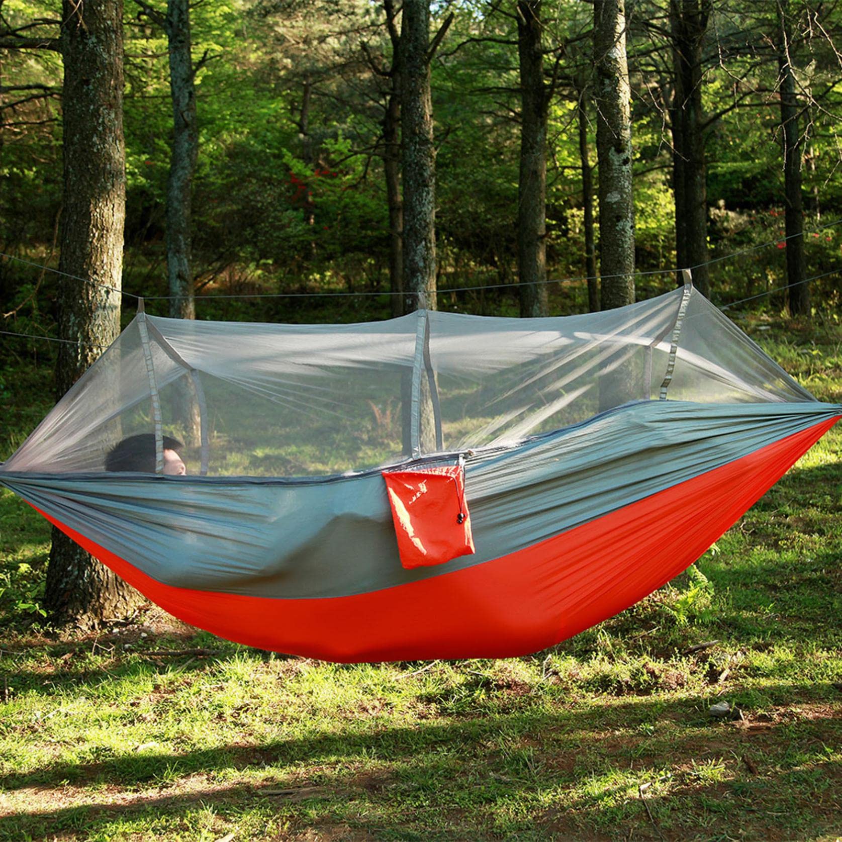 FengLS Portable Camping Hammock - Lightweight Indoor/Outdoor Hammock for Bedroom, Tree, Patio, Beach - Perfect for Camping, Hiking, Travel & Home Decor (Grey Orange) - Relax in Your Backyard, Garden or During Outdoor Adventures