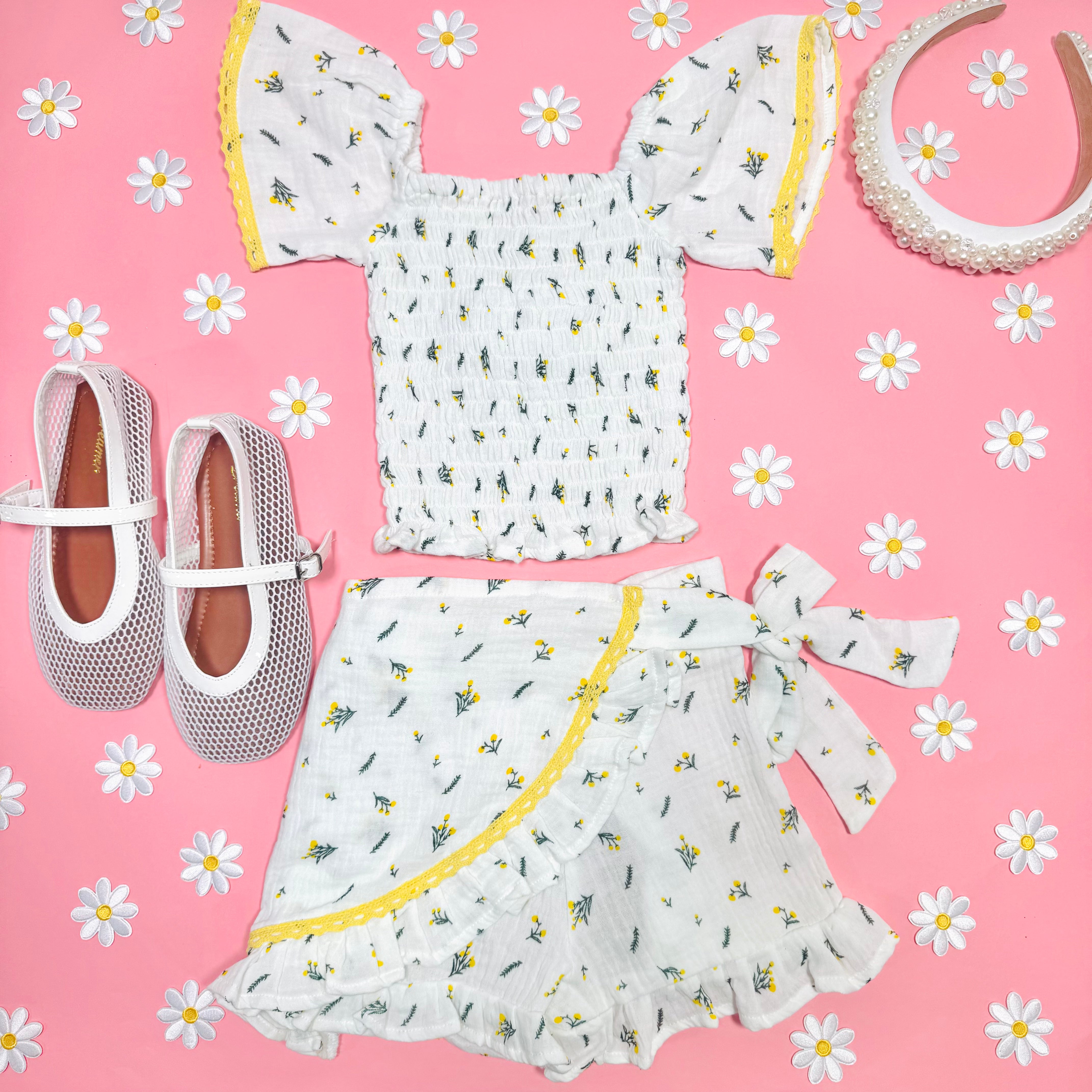 Elegant Mimosa Roses Smocked Flutter Sleeve Top & Wrap Skort Set | Women's Summer Outfit for Brunch, Garden Party & Vacation | Floral Two-Piece Outfit