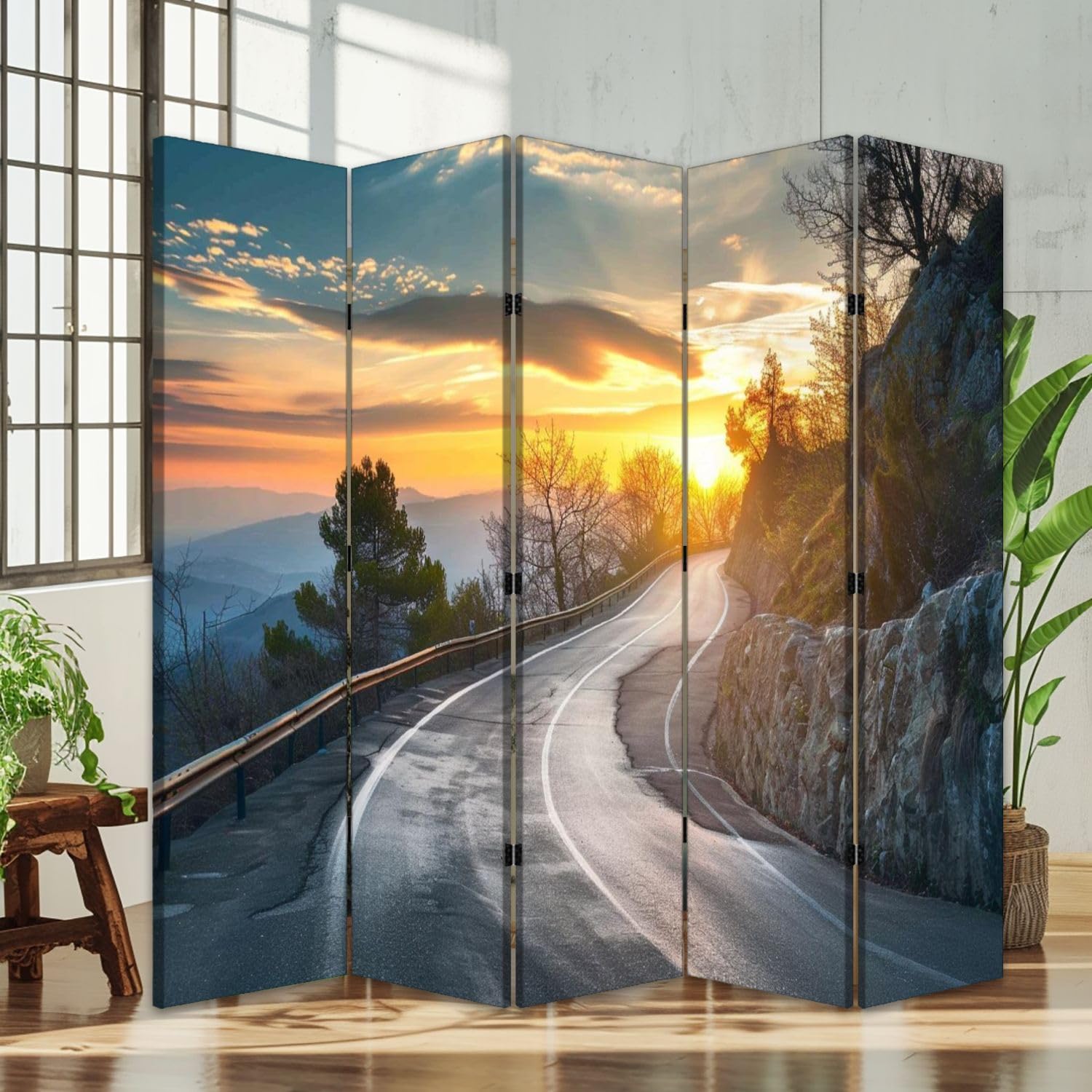 5-Panel Folding Room Divider - Mountain Road Landscape with Sunny Sky & Clouds Canvas Print - Freestanding Privacy Partition for Bedroom, Office & Living Room - Indoor Protective Screen & Space Separator