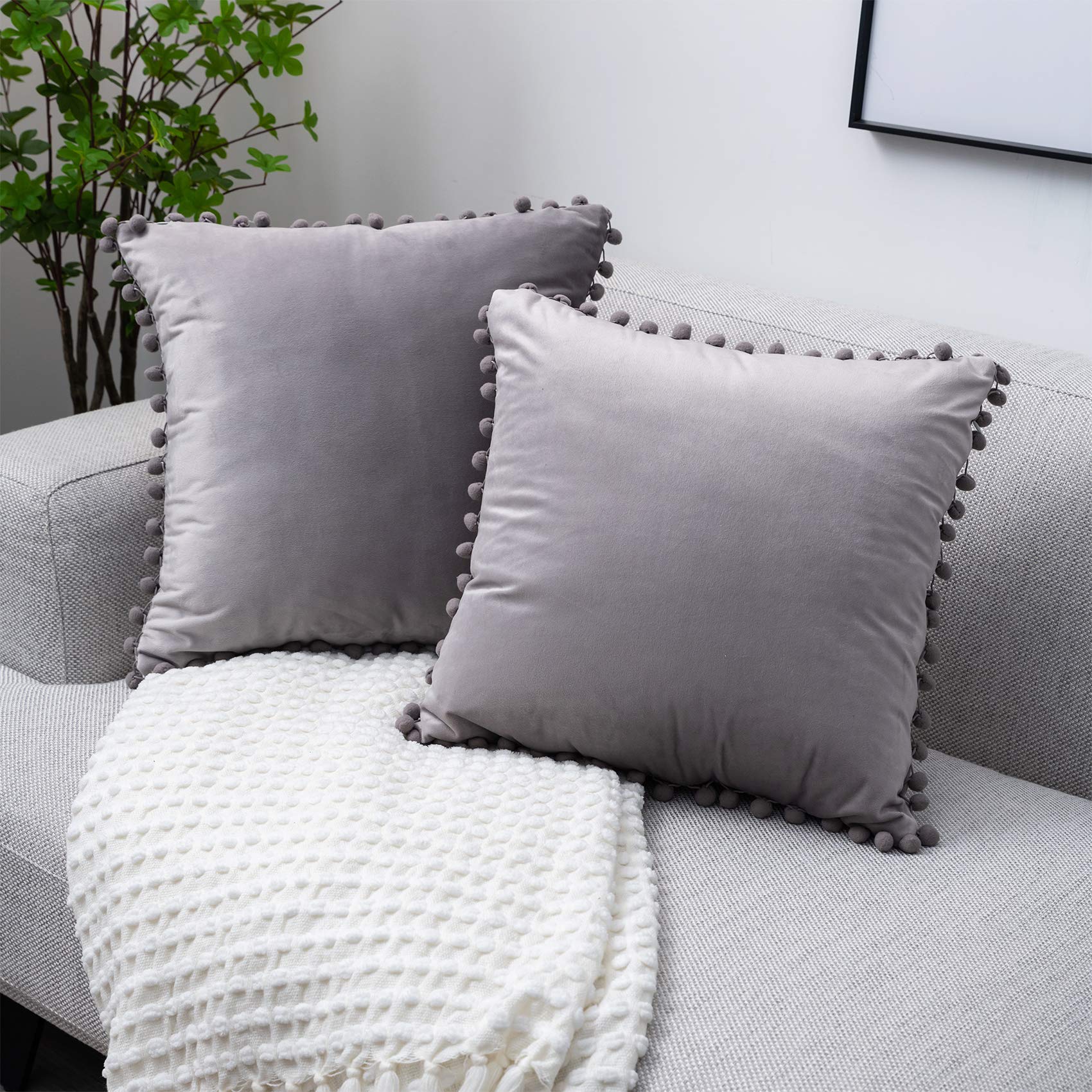 Luxury Grey Velvet Throw Pillow Covers 16x16 Inches with Decorative Pom-Poms - Soft Solid Cushion Covers for Sofa, Couch, Bedroom & Car Decor (Set of 2) - Perfect for Home Styling, Cozy Living Room & Comfortable Travel Accessories