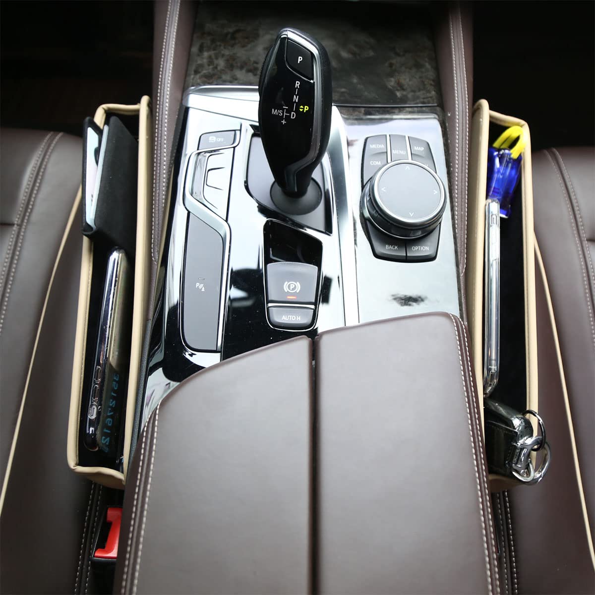 Tumecos 2 Pack Beige Car Seat Gap Organizer - Leather Storage Box & Filler for Phones, Wallets, Keys, Coins | Auto Console Organizer for Sedans, SUVs, Trucks | Perfect for Road Trips & Daily Commutes