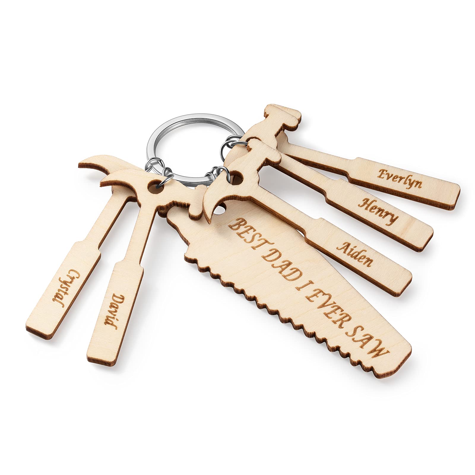 Custom Engraved Wooden Keychain - Personalized Saw & Hammer Design with 1-6 Names - Unique Father's Day Gift for Dad - Perfect for DIY Enthusiasts, Carpenters & Tool Lovers