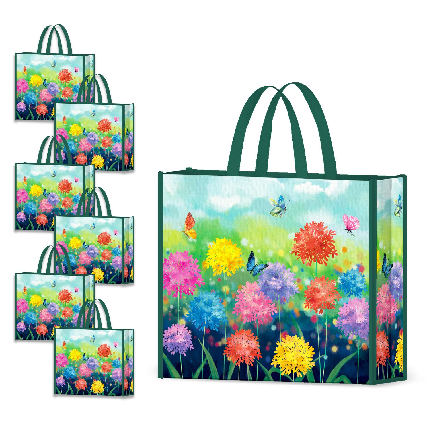 NymphFable 6 Pack Reusable Grocery Bags - Colorful Butterfly & Floral Design, Washable & Foldable Tote Bags Holds 50LBS - Perfect for Shopping, Farmers Market & Eco-Friendly Errands