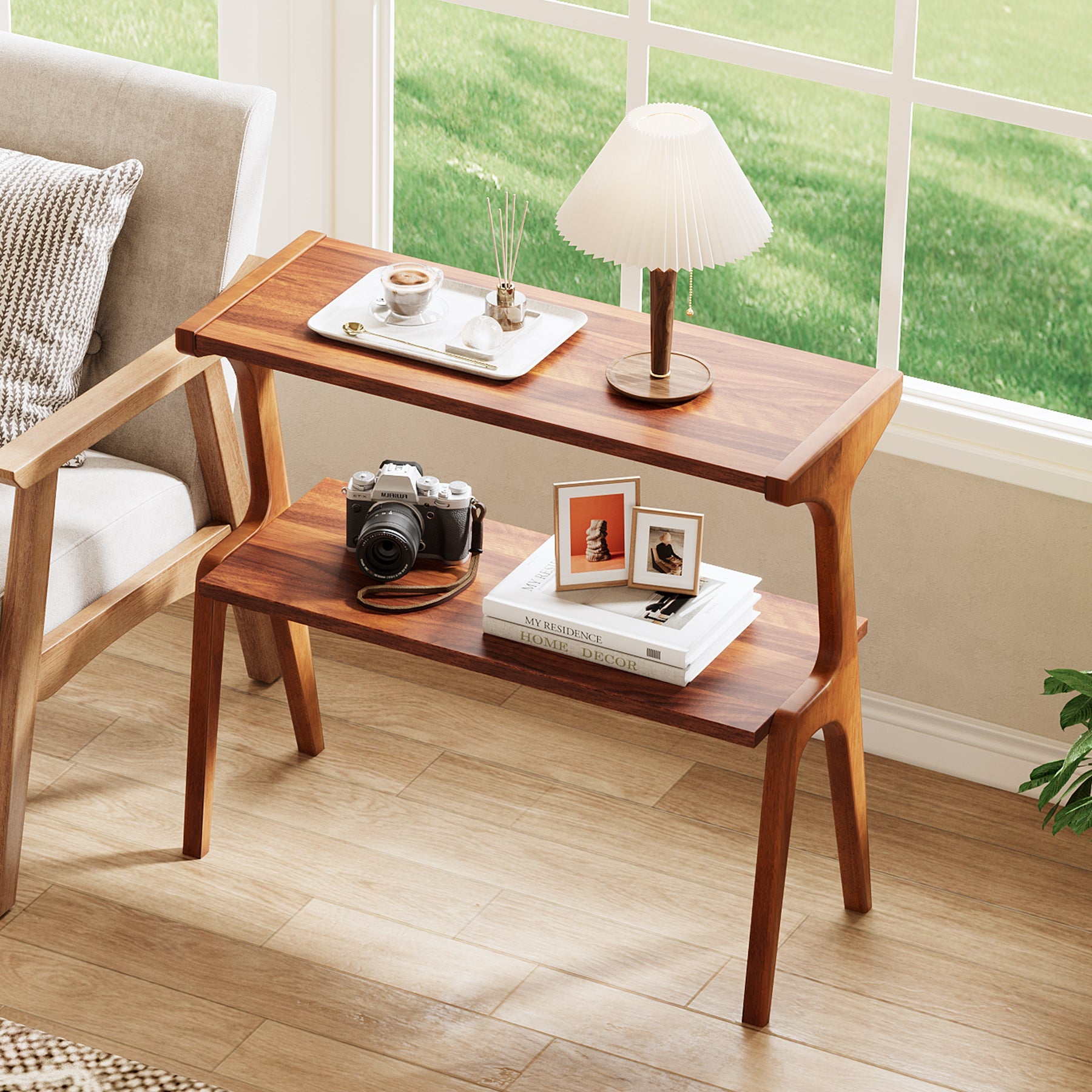 Solid Wood End Table with Storage Shelf - 2 Tier Sofa Side Table for Living Room, Bedroom & Office - Rustic Home Decor & Functional Furniture