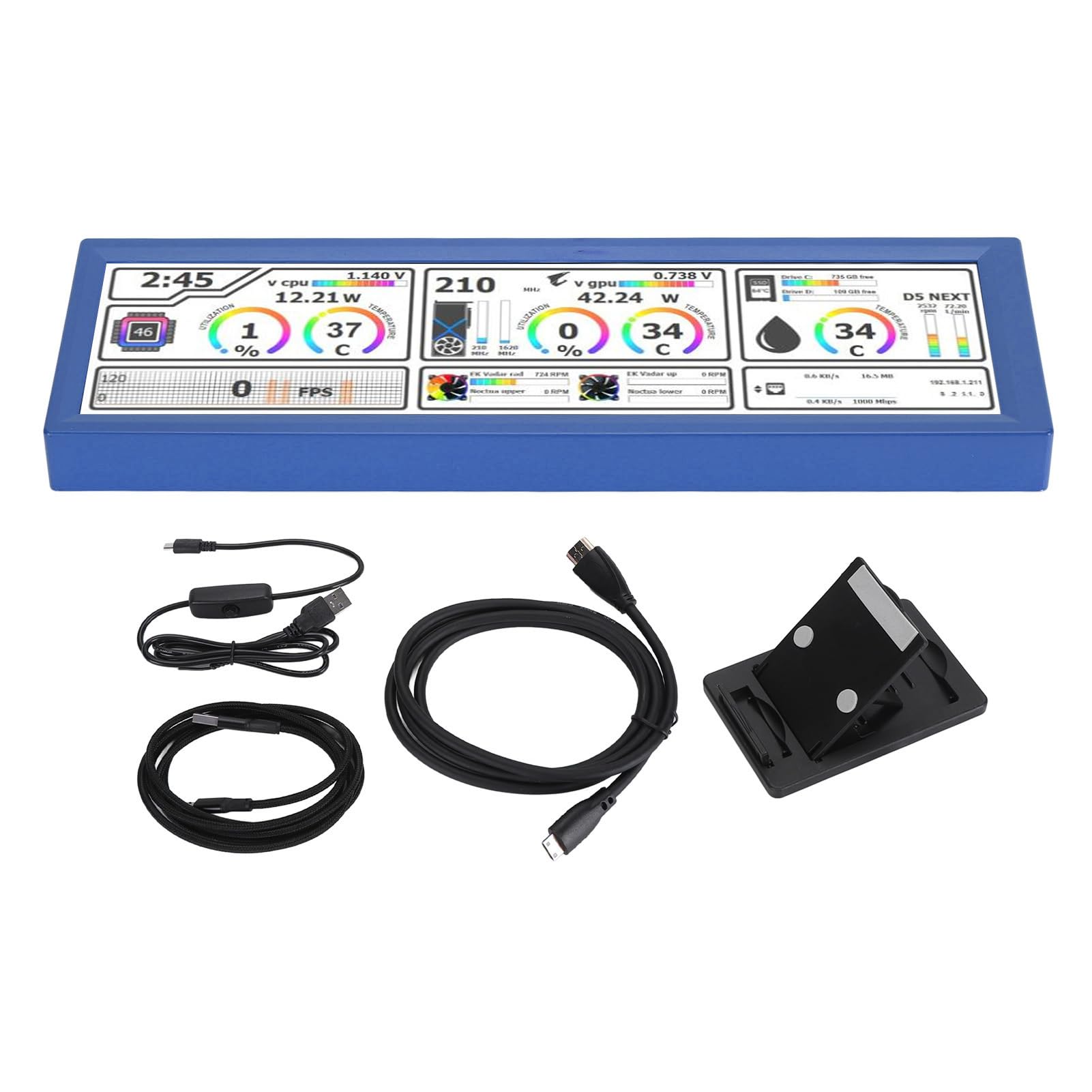 Zunate 8.8 Inch PC Temperature Monitor - Secondary Display with One-Touch Operation, USB Plug & Play, Mini HD Interface & HD IPS LCD Screen - Compatible with Raspberry Pi, Linux & Windows (Blue) - Perfect for PC Gaming, Office Work & Home Automation