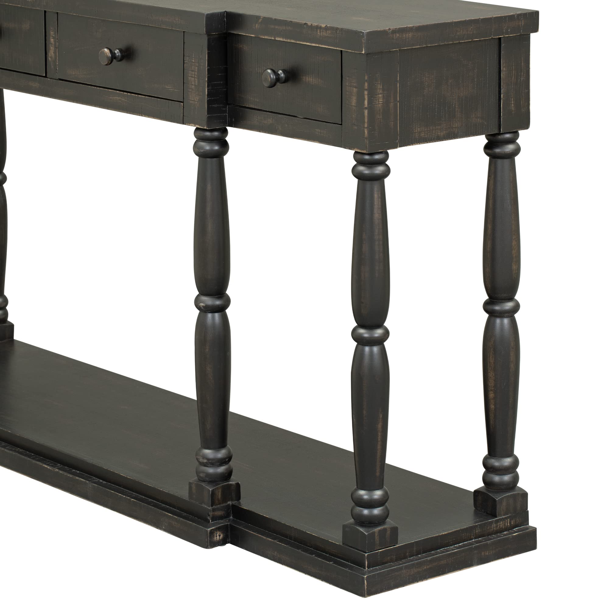63'' Retro Wood Console Table with 4 Drawers & Shelf - Sofa Table, Sideboard for Living Room, Hallway, Entryway & Kitchen - Antique Black Finish - Perfect for Home Decor & Storage Solutions