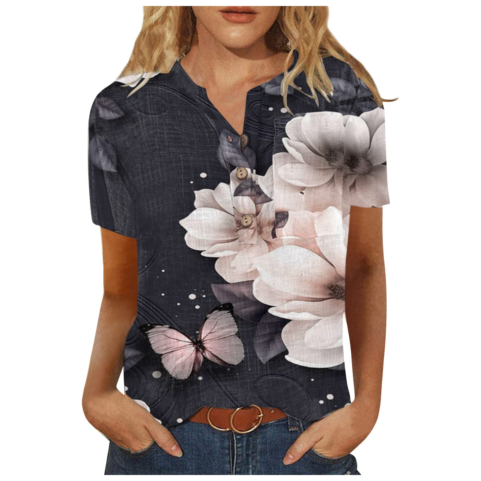 Floral Print Women's Summer Tops - Short Sleeve O-Neck Casual Shirt Plus Size (Black) | Perfect for Beach Outings, Date Nights & Summer Vacations