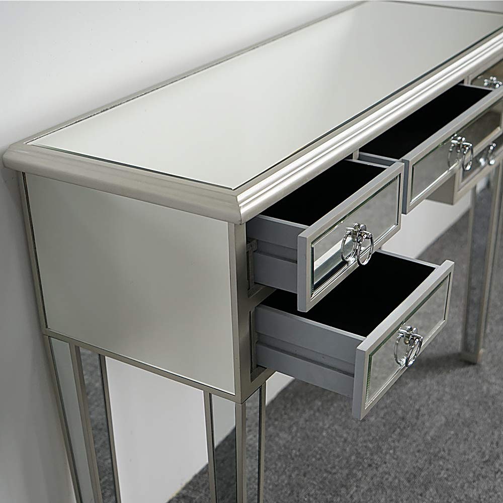 Modern Mirrored Console Table with 5 Drawers - Silver Finish Vanity Desk for Bedroom, Makeup Table & Entryway Decor | Elegant Home Office Furniture & Dressing Table for Women