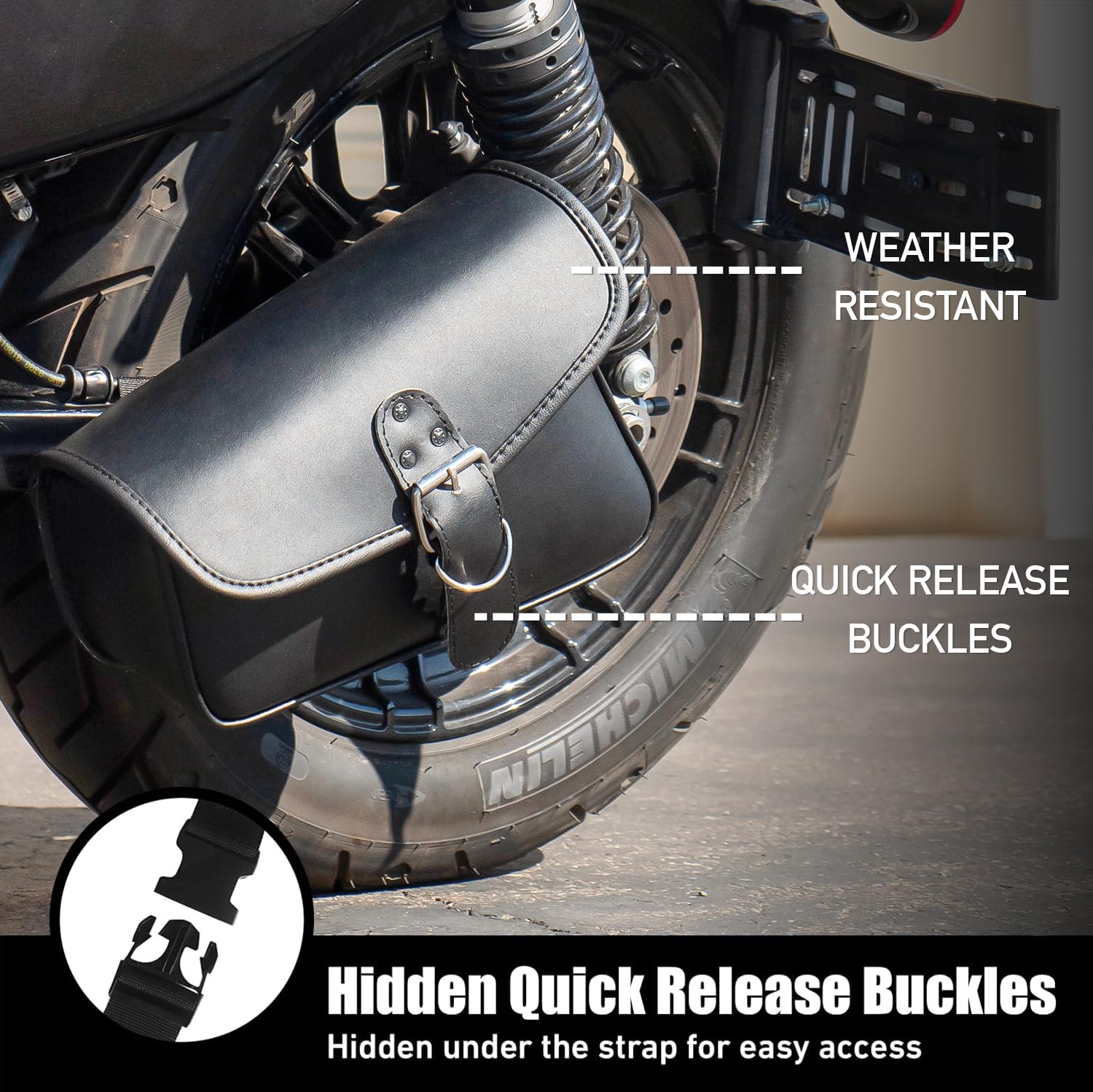 Universal Motorcycle Swing Arm Bag - Black Synthetic Leather Waterproof Left Side Solo Tool Bag with Quick Release | Durable & Weatherproof for Cruiser, Touring & Adventure Bikes | Ideal for Road Trips, Commuting & Off-Road Riding
