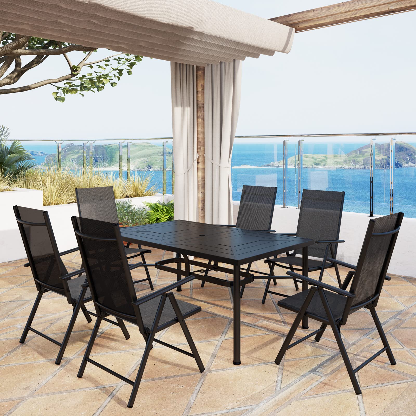 MFSTUDIO 6-Piece Outdoor Dining Set - Adjustable Height Aluminum Folding Chairs with Heavy-Duty Black Metal Table - Patio Furniture for Backyard, Garden & Poolside Dining