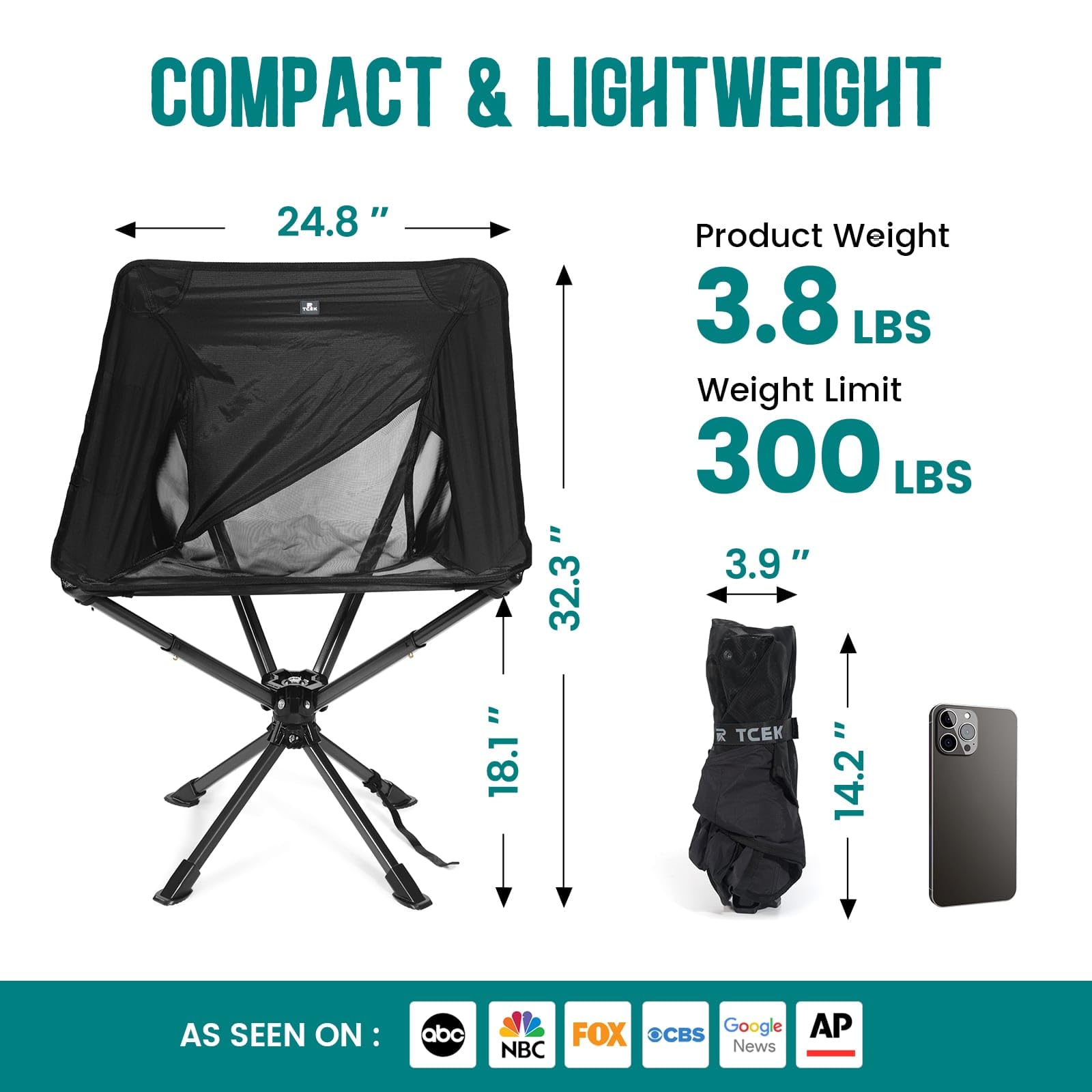 Portable Swivel Folding Chair for Adults - Compact & Lightweight Collapsible Camping Chair with 300 LBS Capacity - Perfect for Outdoor Activities, Travel, Hiking, Beach, Picnics, Backyard, and Tailgating - Sets Up in 8 Seconds