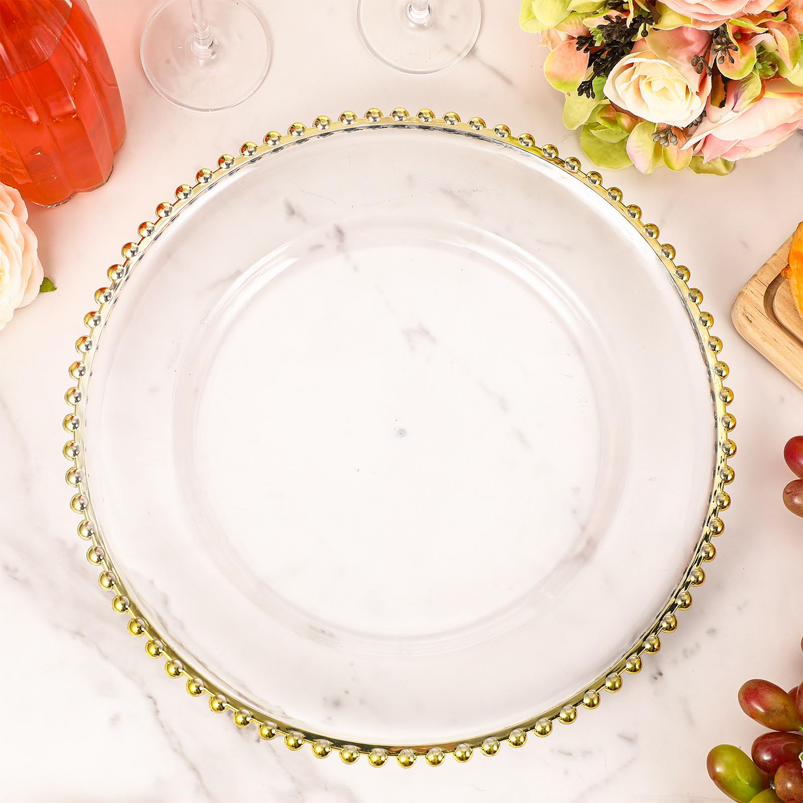 Dandat 100 Pcs 13 Inch Clear Round Plastic Charger Plates with Beaded Rim - Gold Decorative Dinner Plates for Wedding, Birthday Party, Events & Table Decor - Elegant Place Settings for Fine Dining & Special Occasions