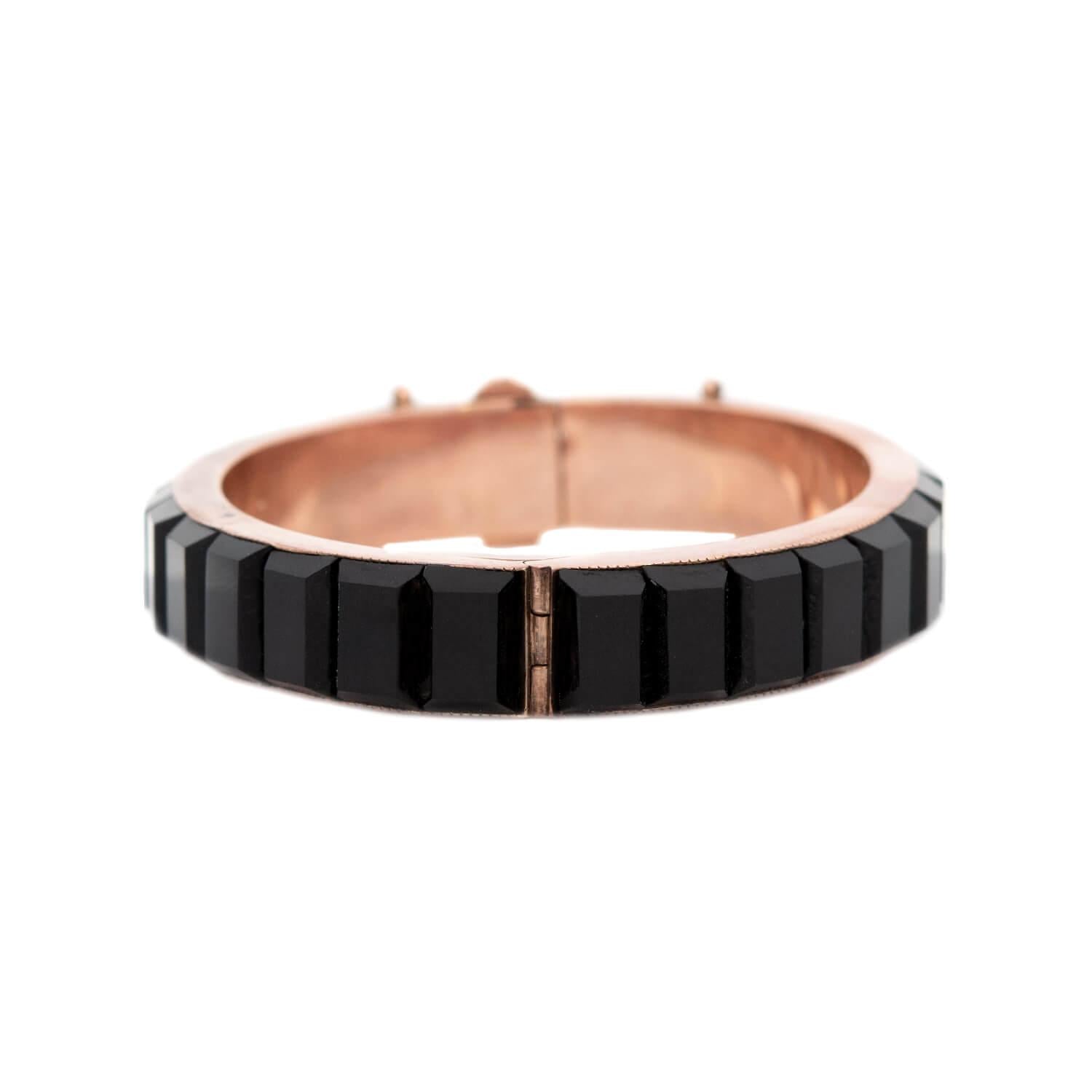Victorian Style 14k Gold Onyx Hinged Bangle Bracelet - Elegant Antique Jewelry for Women, Perfect for Weddings, Parties & Special Occasions