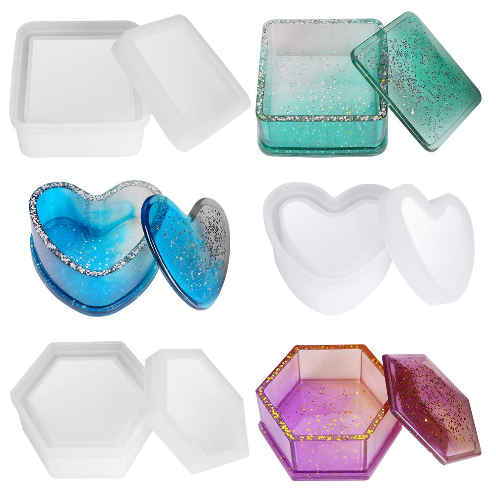 Hexagon & Heart Shape Epoxy Resin Jewelry Box Molds - Silicone Storage Box Molds for DIY Resin Casting Crafts, Home Decor, and Gift Making - Perfect for Jewelry Organizers, Wedding Favors, and Handmade Decorations