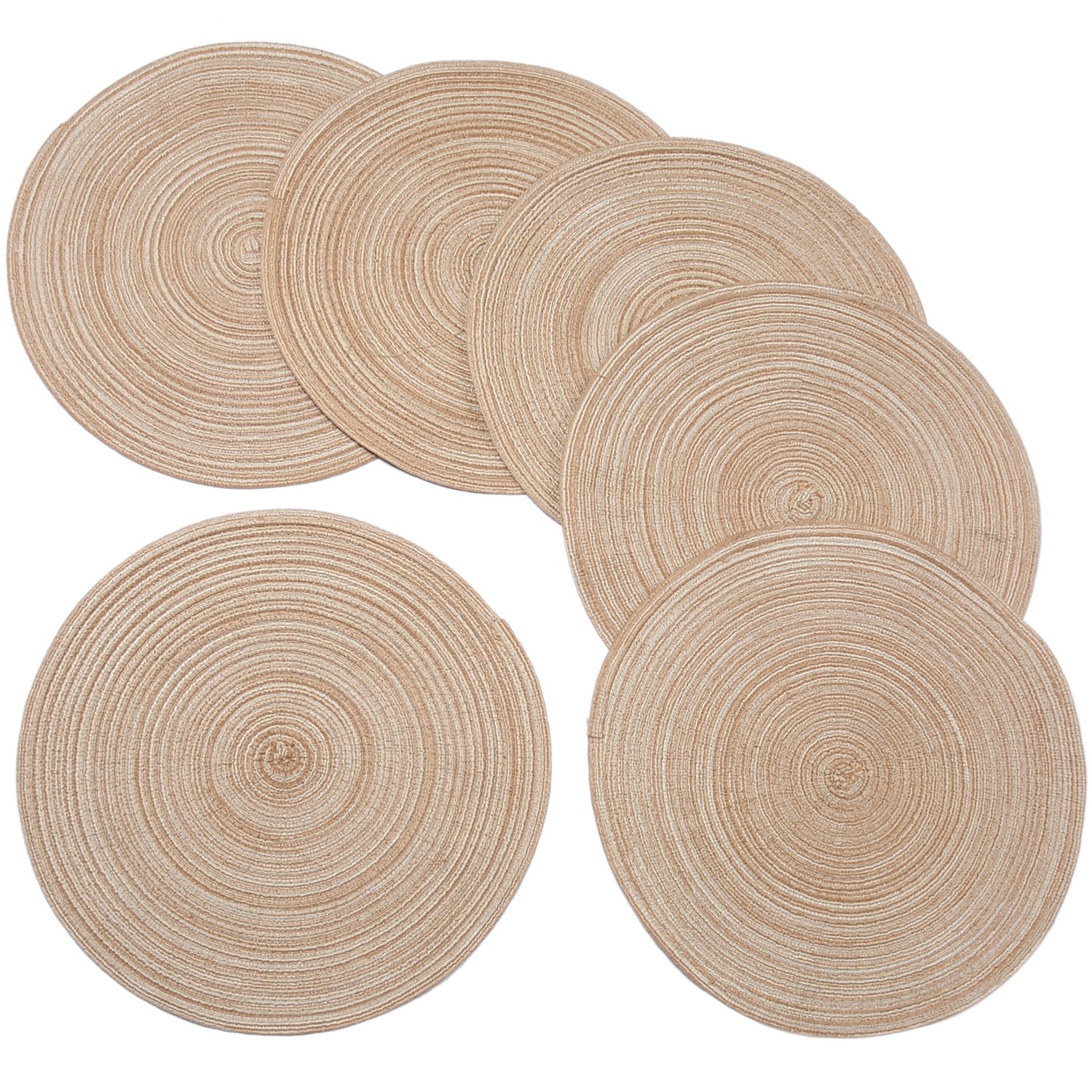 Braided Round Placemats Set of 6 - 15 Inch Washable Table Mats for Kitchen & Dining - Brown Woven Placemats for Everyday Use, Dinner Parties & Home Decor