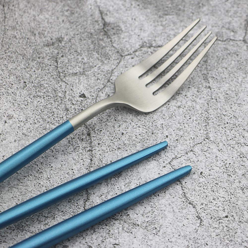 Premium JASHII 24-Piece Stainless Steel Flatware Set - Matte Silverware with Blue Handles for 4 People, Durable Kitchen & Tableware Cutlery for Home, Restaurant & Dinner Parties | Elegant Dining Utensils for Everyday Use & Special Occasions