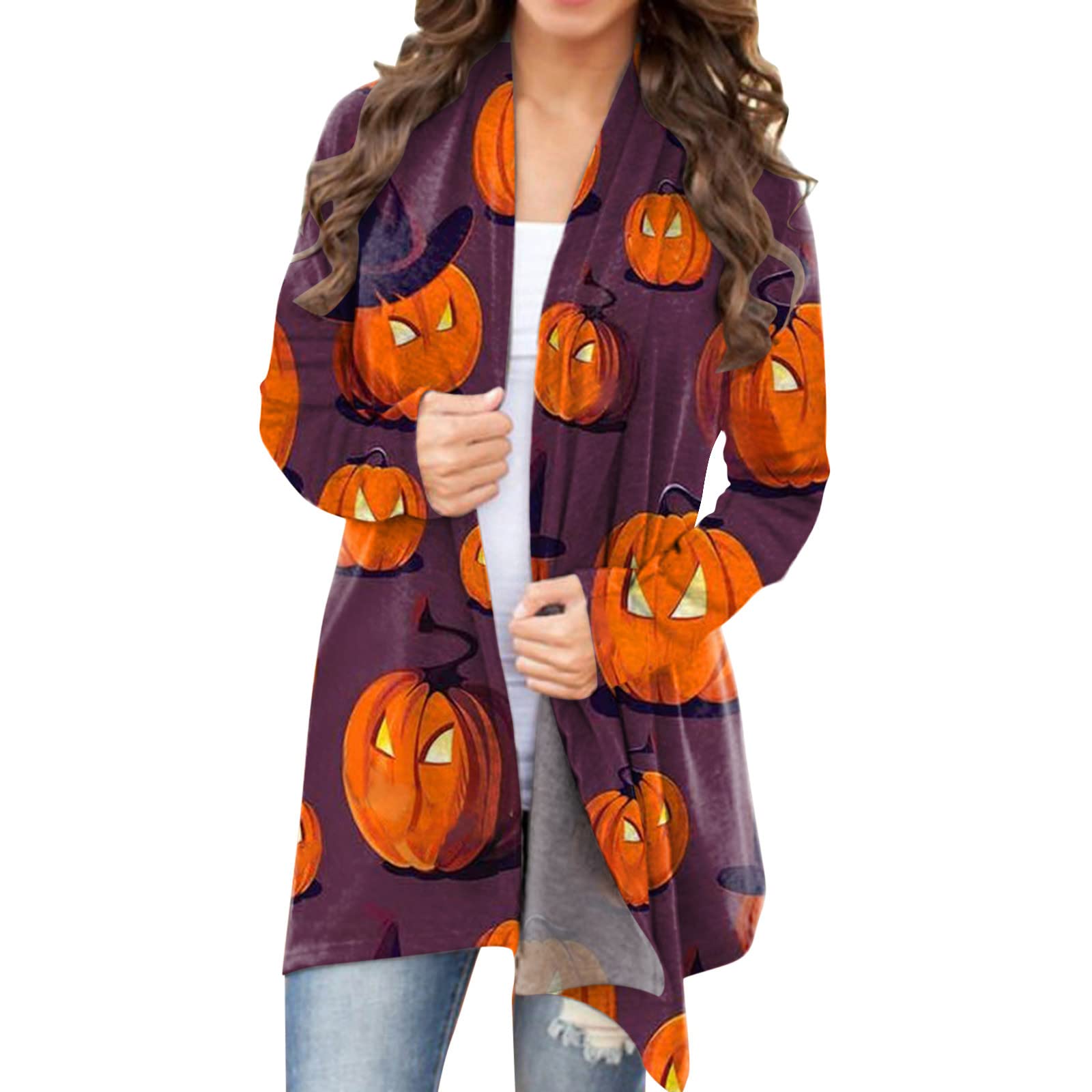 Women's Halloween Cardigan - Pumpkin Cat Ghost Print Long Sleeve Asymmetrical Open Front Sweatshirt Top | Cozy Fall Outfit for Halloween Parties & Autumn Layering