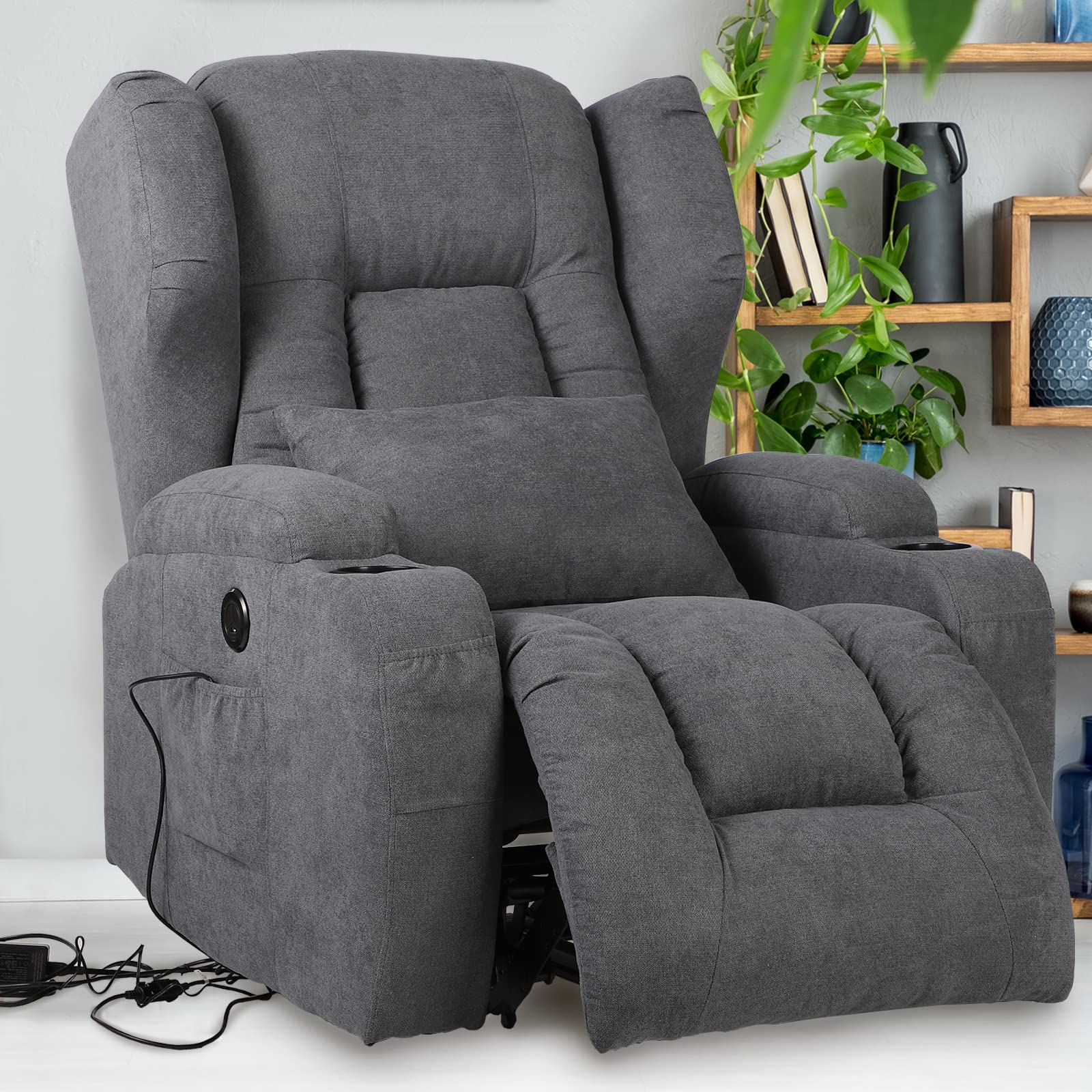ETAGERIA Blue Grey Fabric Wingback Power Massage Recliner Chair with Cup Holder, USB Charging Port & Side Pockets - Electric Massage Recliner for Living Room, Home Theater & Relaxation (Fabric, Blue Grey) - Perfect for Movie Nights, Gaming & Stress Relief